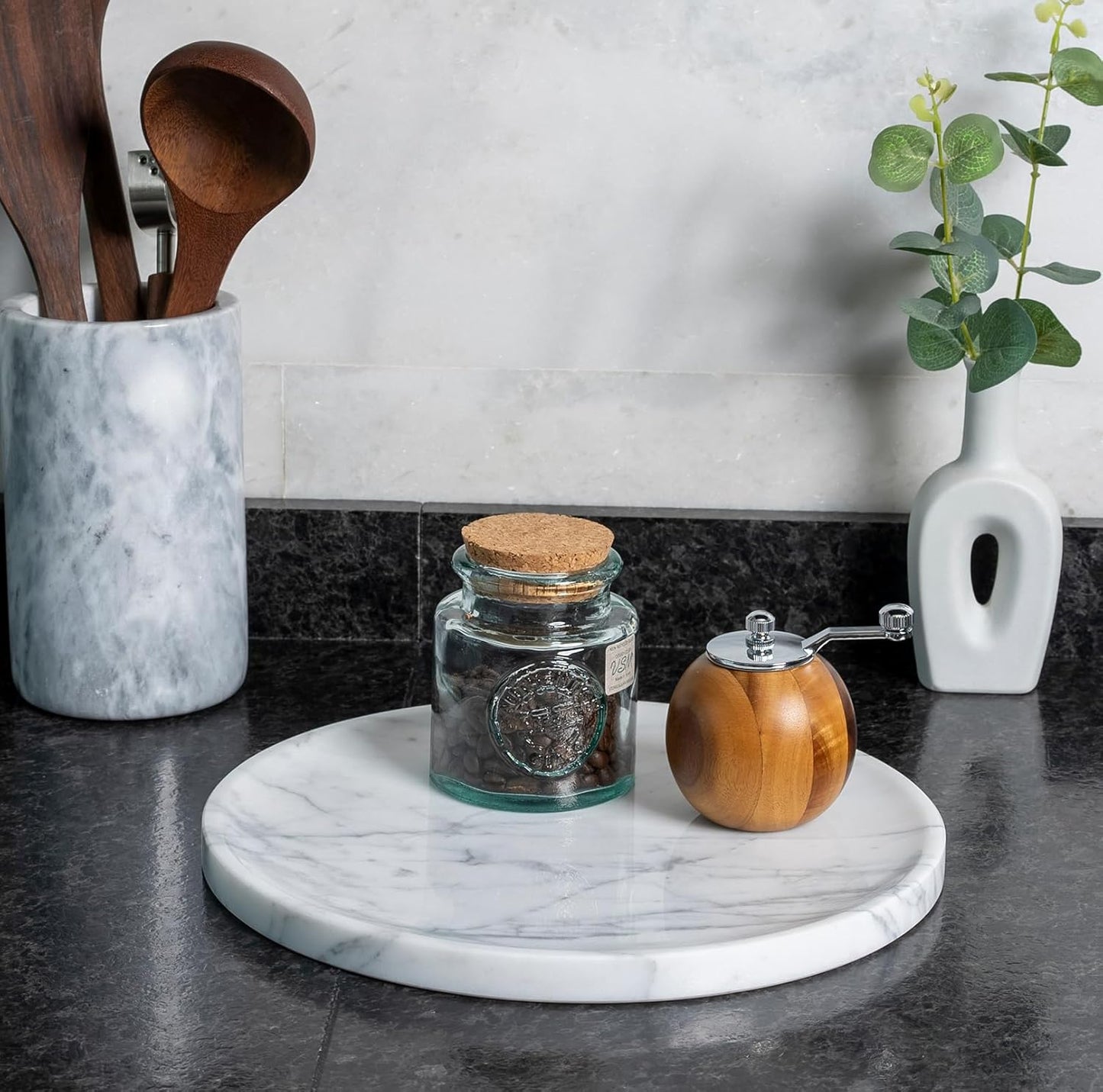 Natural Round Marble Tray - Luxury Decorative Serving Tray for Coffee Table, Bathroom Vanity, Dresser & Kitchen Countertop - Stone Organizer for Jewelry, Perfume, Candle, Home Decor -Arabescato