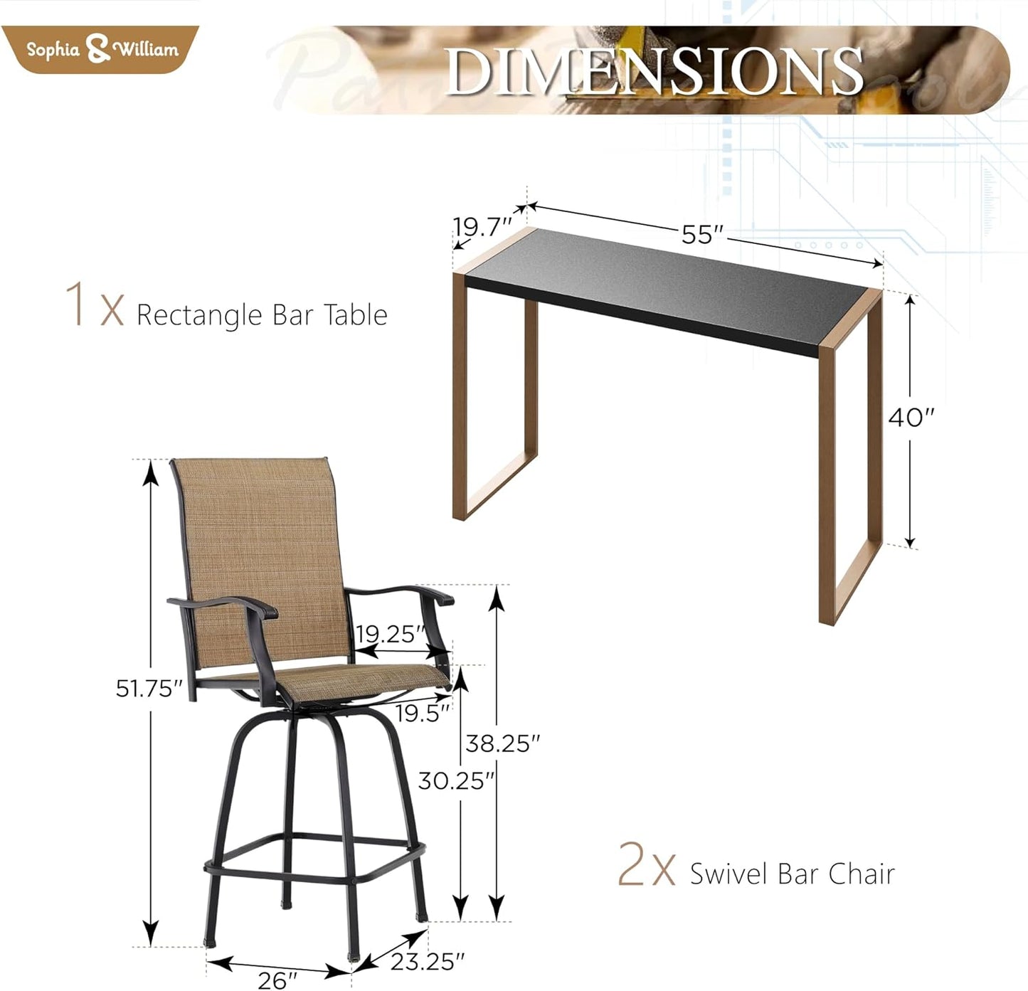 Sophia & William Outdoor Bar Set, Patio Bar Table and Chairs Set, Bar Height Patio Set - 2 x Swivel Bar Chairs(Brown), 1 x Rectangular Bar Table(Larimar Desktop)