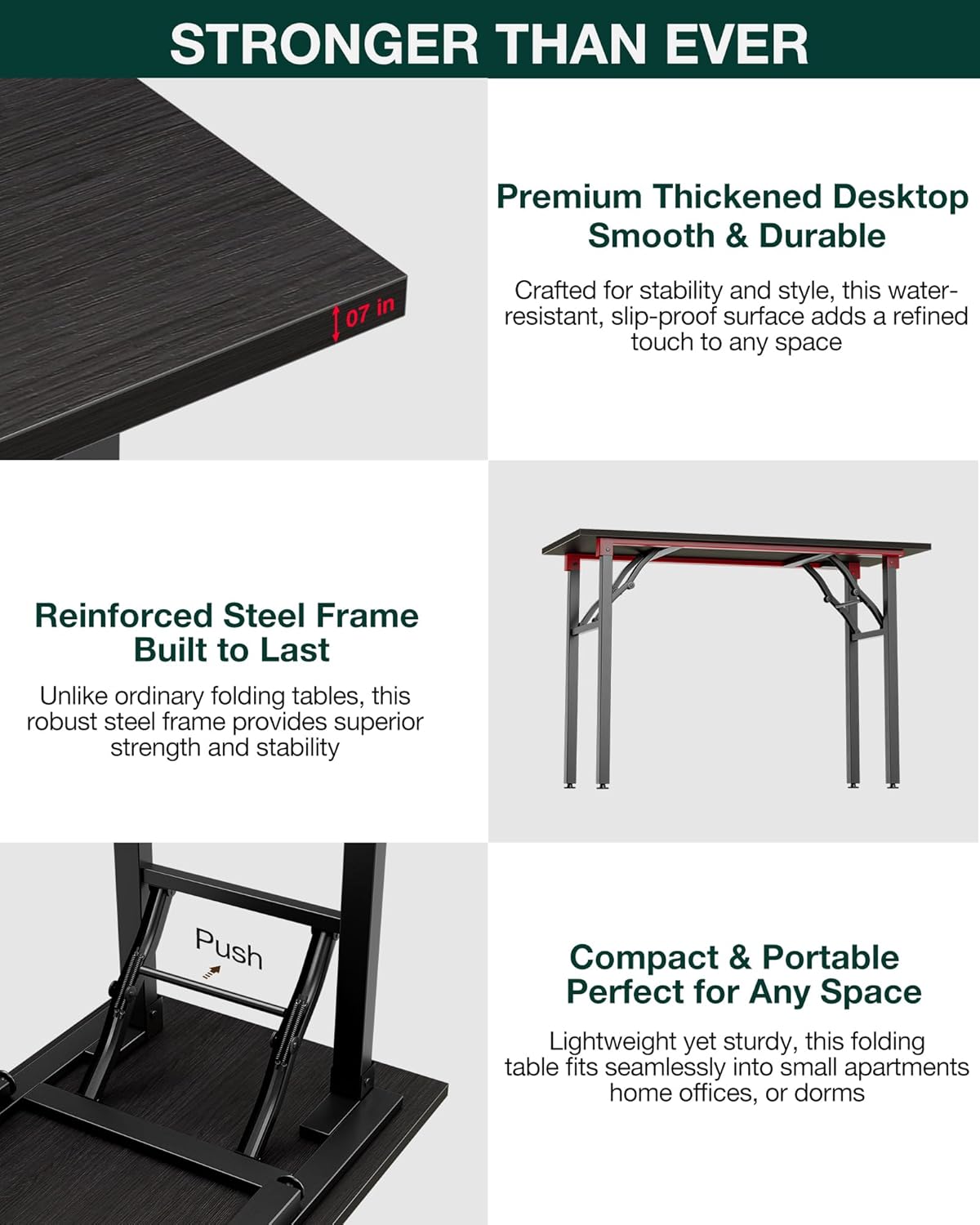 Frylr Small Folding Computer Desk – 55.1 Inch Portable Table for Craft and Study, Lightweight Desk for Small Spaces, Foldable Laptop Table Built-in AC/USB Outlets for Convenience, Charcoal Wenge