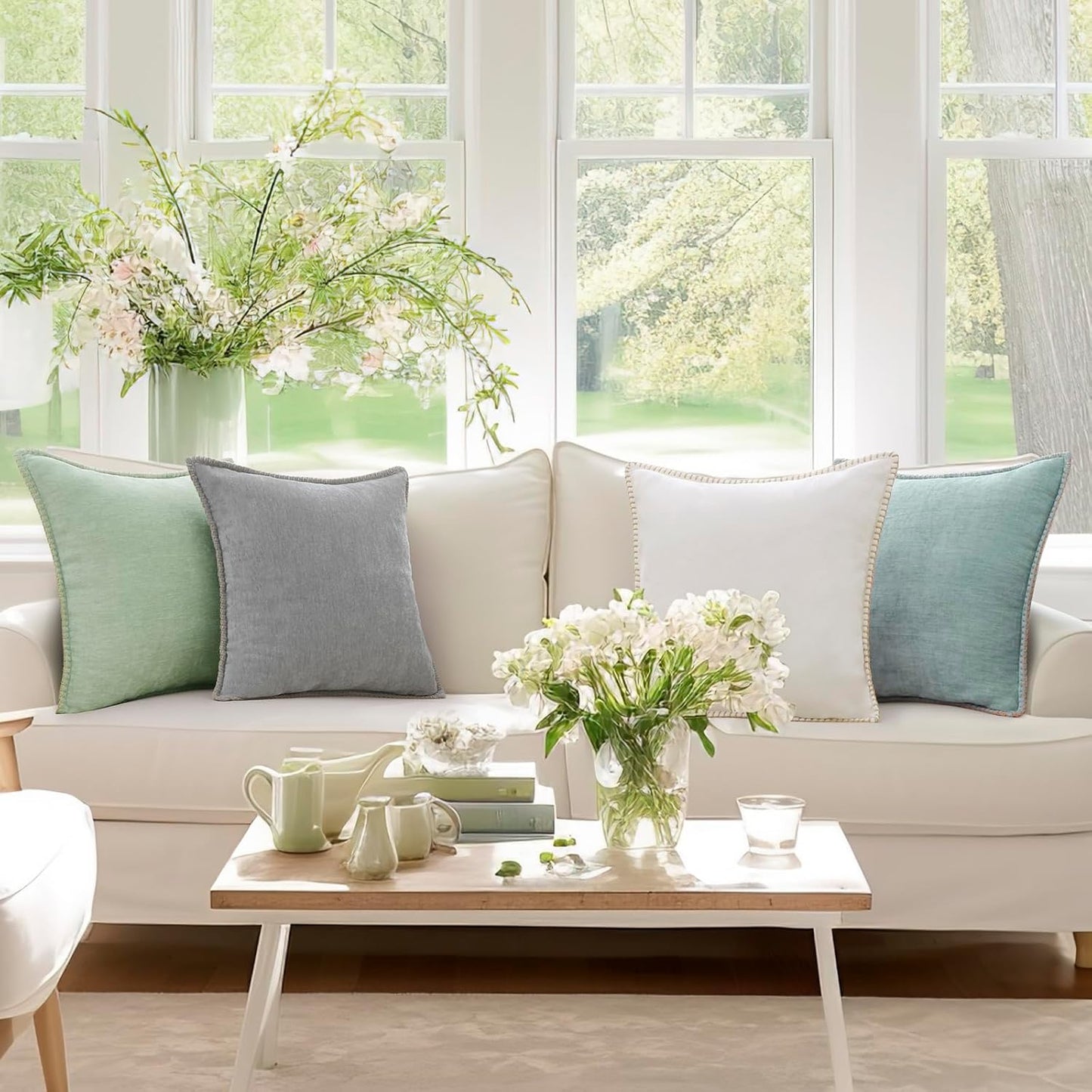 decorUhome Chenille Soft Throw Pillow Covers 20x20 Set of 2, Farmhouse Velvet Neutral Decorative Euro Pillow Covers with Stitched Edge for Couch Sofa Bed Home Decor, Aqua Haze