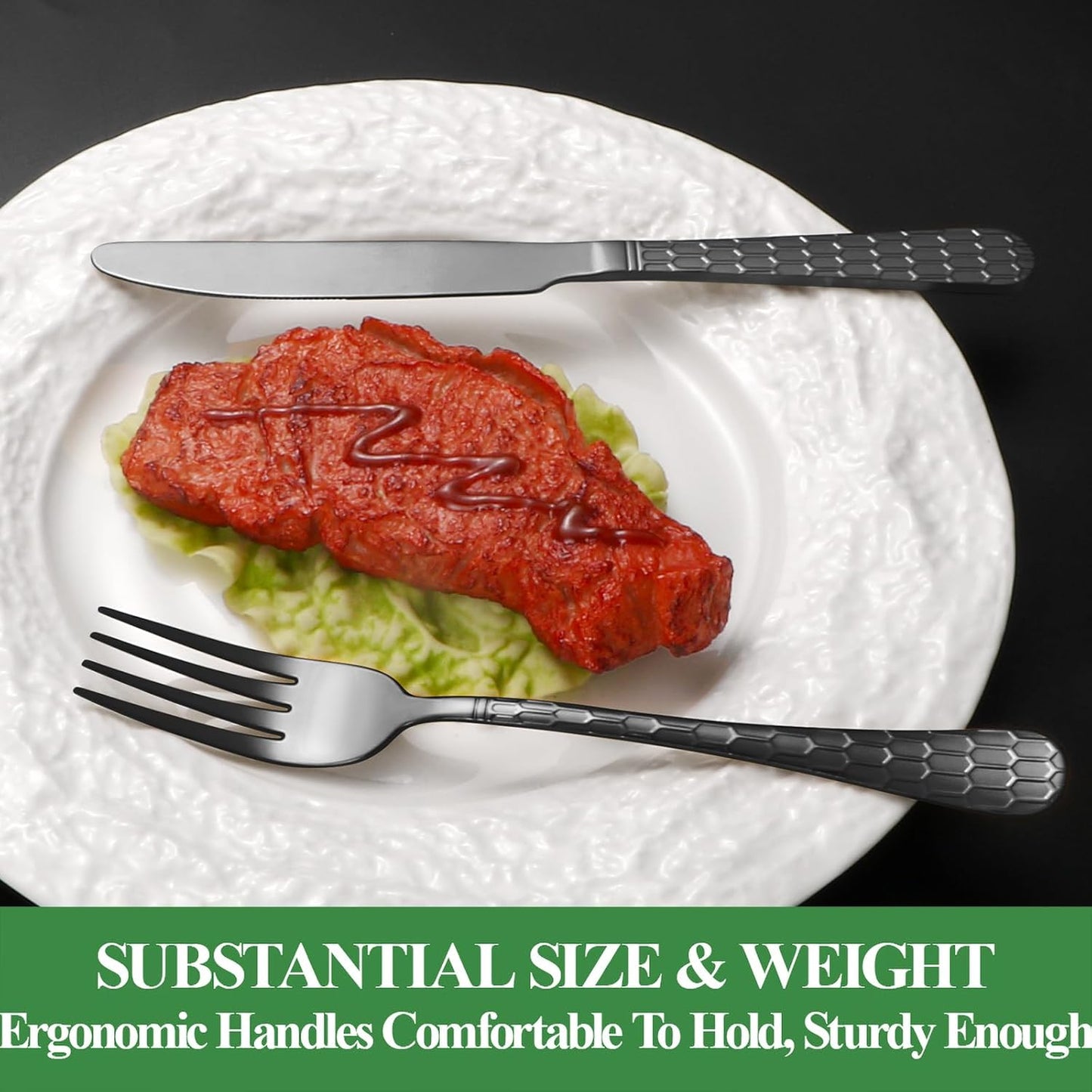 20 Pcs Black Silverware Set for 4 with Water Cube Handle design, Food Grade Stainless Steel Flatware Set, Eating Utensils Sets Include Fork/Knife/Spoon, Reusable Cutlery Set, Dishwasher Safe