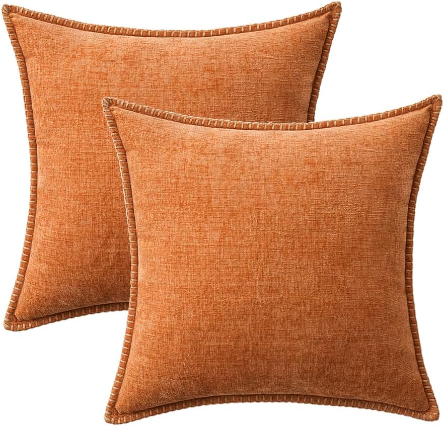 MIULEE Pack of 2 Fall Couch Throw Pillow Covers 20x20 Inch Orange Farmhouse Decorative Pillow Covers with Stitched Edge Soft Chenille Solid Dyed Pillow Covers for Sofa Bed Living Room