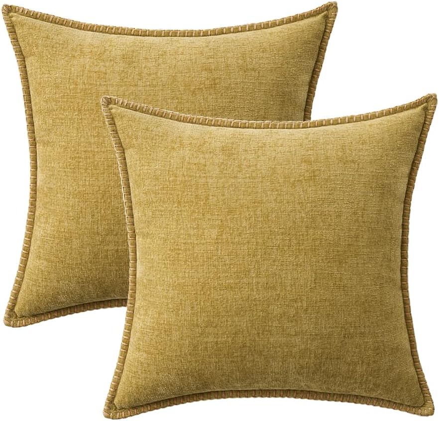 MIULEE Pack of 2 Couch Throw Pillow Covers 20x20 Inch Mustard Yellow Farmhouse Decorative Pillow Covers with Stitched Edge Soft Chenille Solid Dyed Fall Pillow Covers for Sofa Bed Living Room