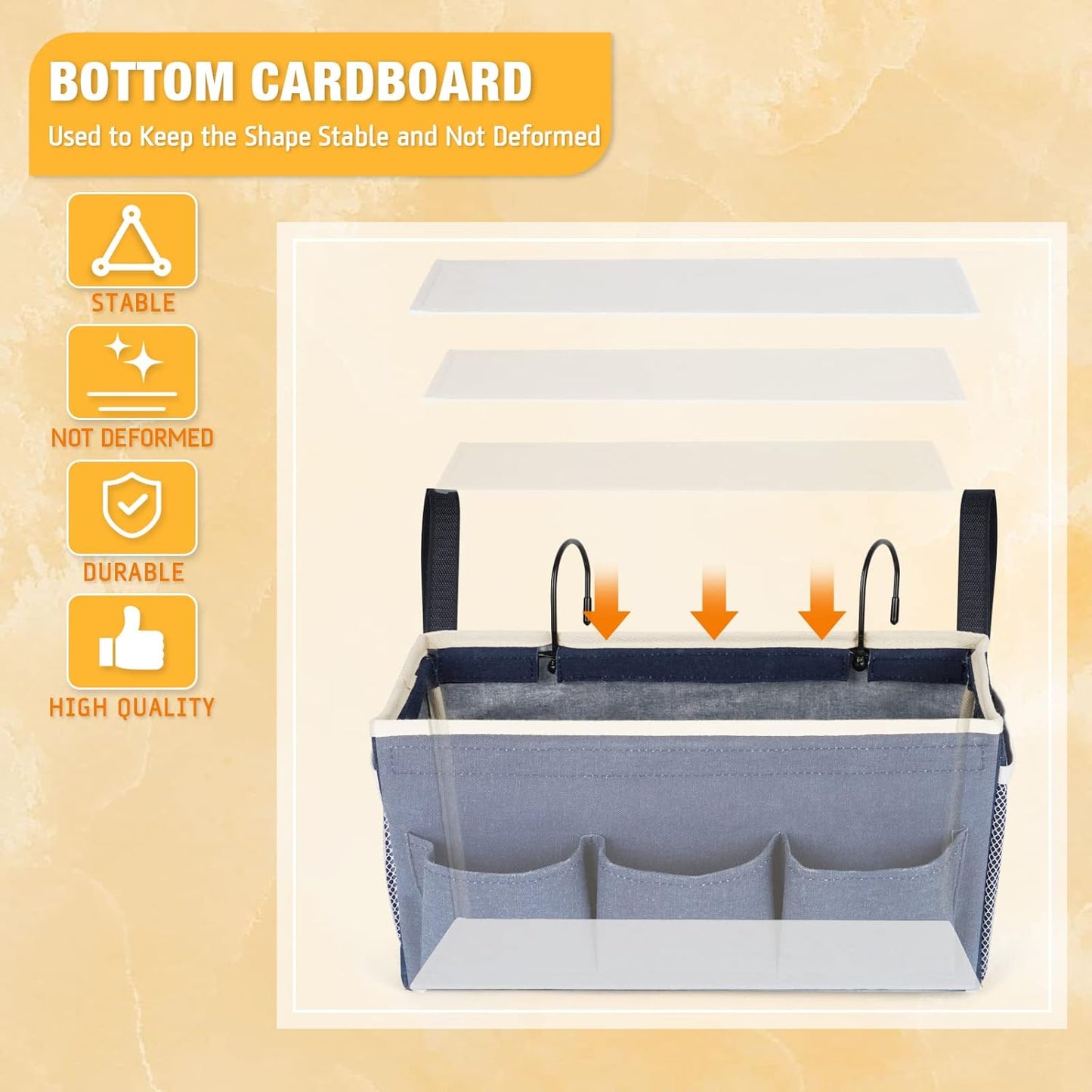 Bedside Caddy Bedside Organizer Bedside Storage Caddy with Fixed Straps and Water Bottle Holder for Home College Dorm Bunk Bed Hospital Bed Crib Bed Rails (Navy Blue)