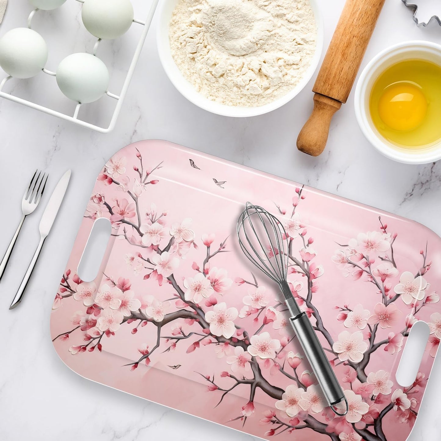 Serving Trays with Handles, 14.5 x 9.8 inch Rectangular Plastic Tray for Restaurant, Kitchen, Pink Cherry Blossom