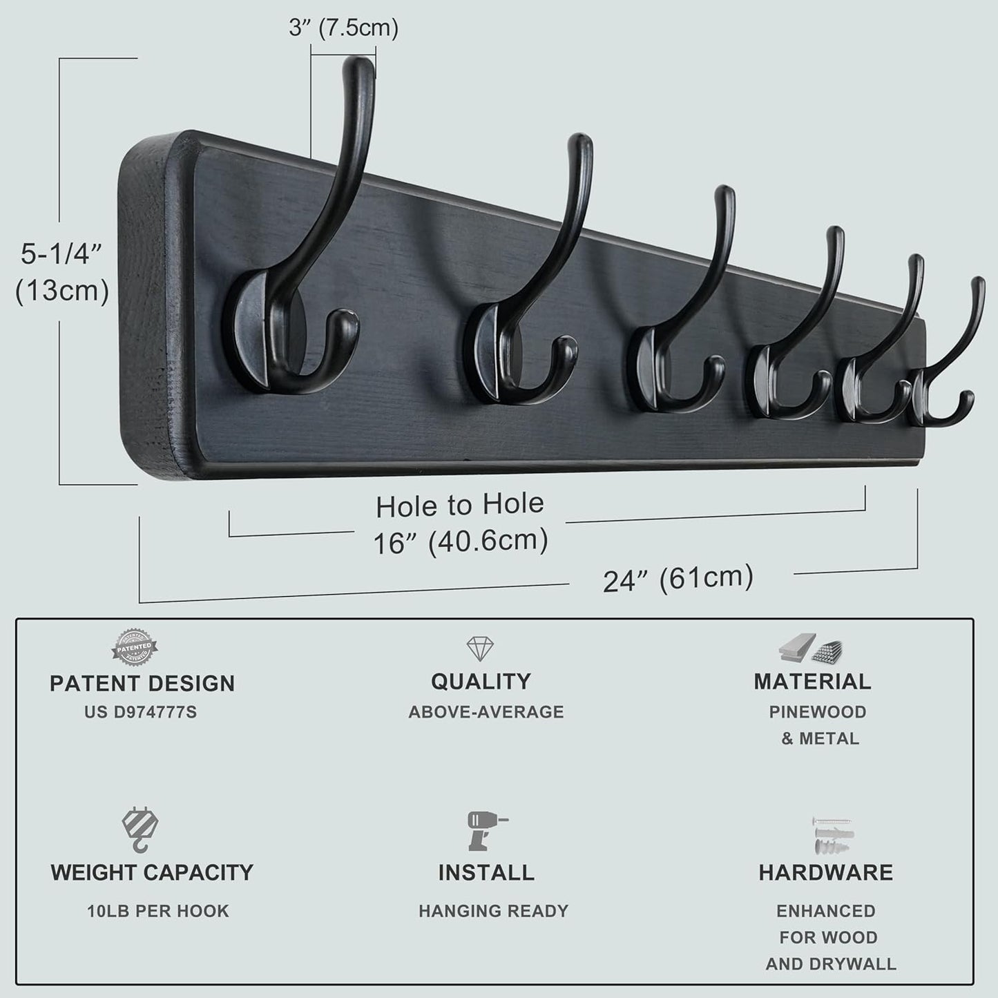 Dseap Wall Mounted Coat Rack: 24" Long, Patented, Heavy-Duty, 6-Double-Hooks Wooden Hanger Rail for Winter Coats, Hat, Jacket, Clothing - Black, Pack of 2