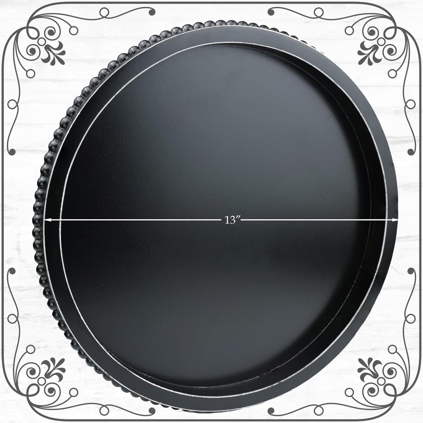 Round Black Wood Serving Tray with Beads, Wooden Decorative Tray for Entertaining, Decoration, and Gifting,