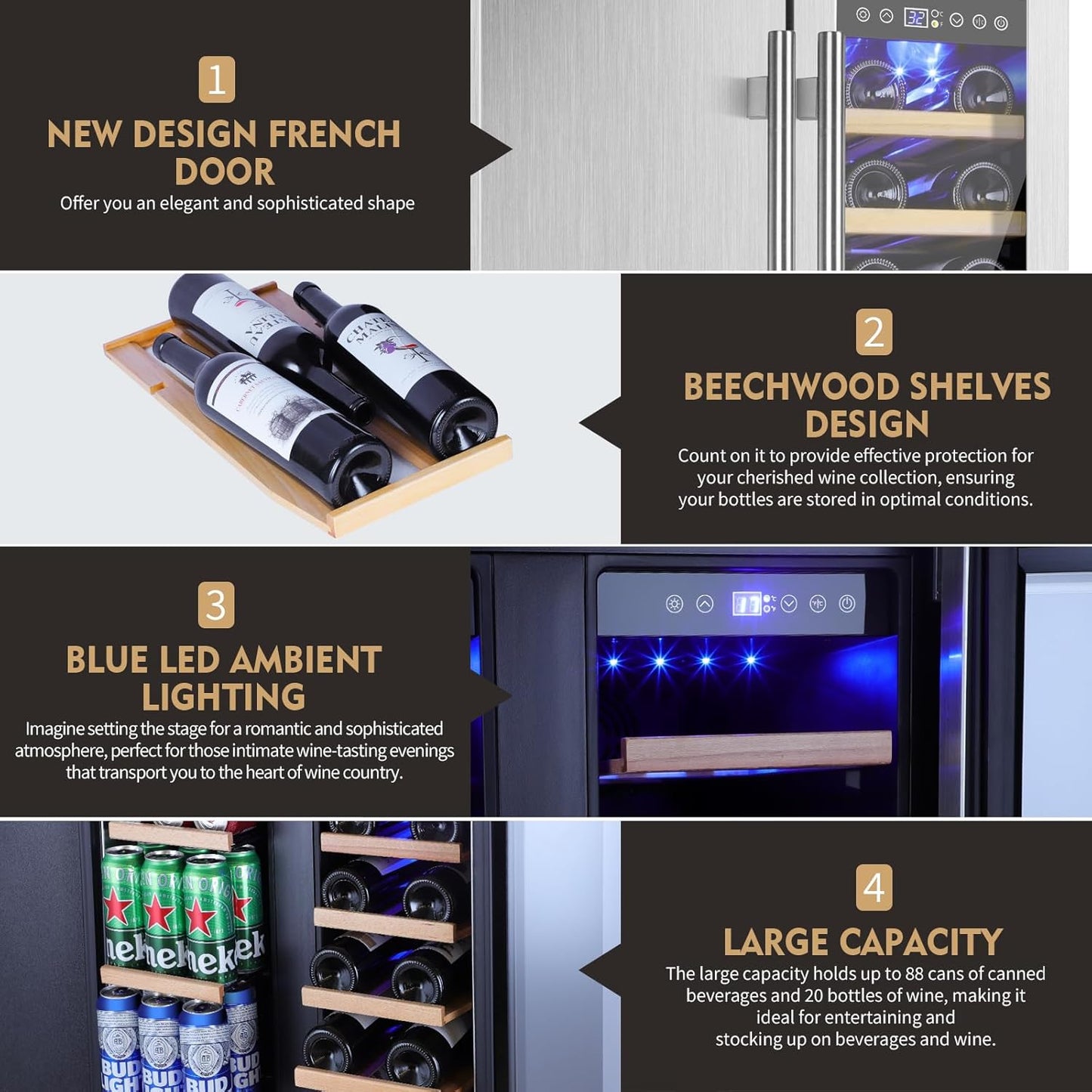 Wine and Beverage Refrigerator, 24 Inch Stainless Steels Beverage Fridge Dual Zone, Wine Beverage Cooler Built-in or Freestanding with Upgraded Cooling, 20 Bottles and 88 Cans Large Capacity