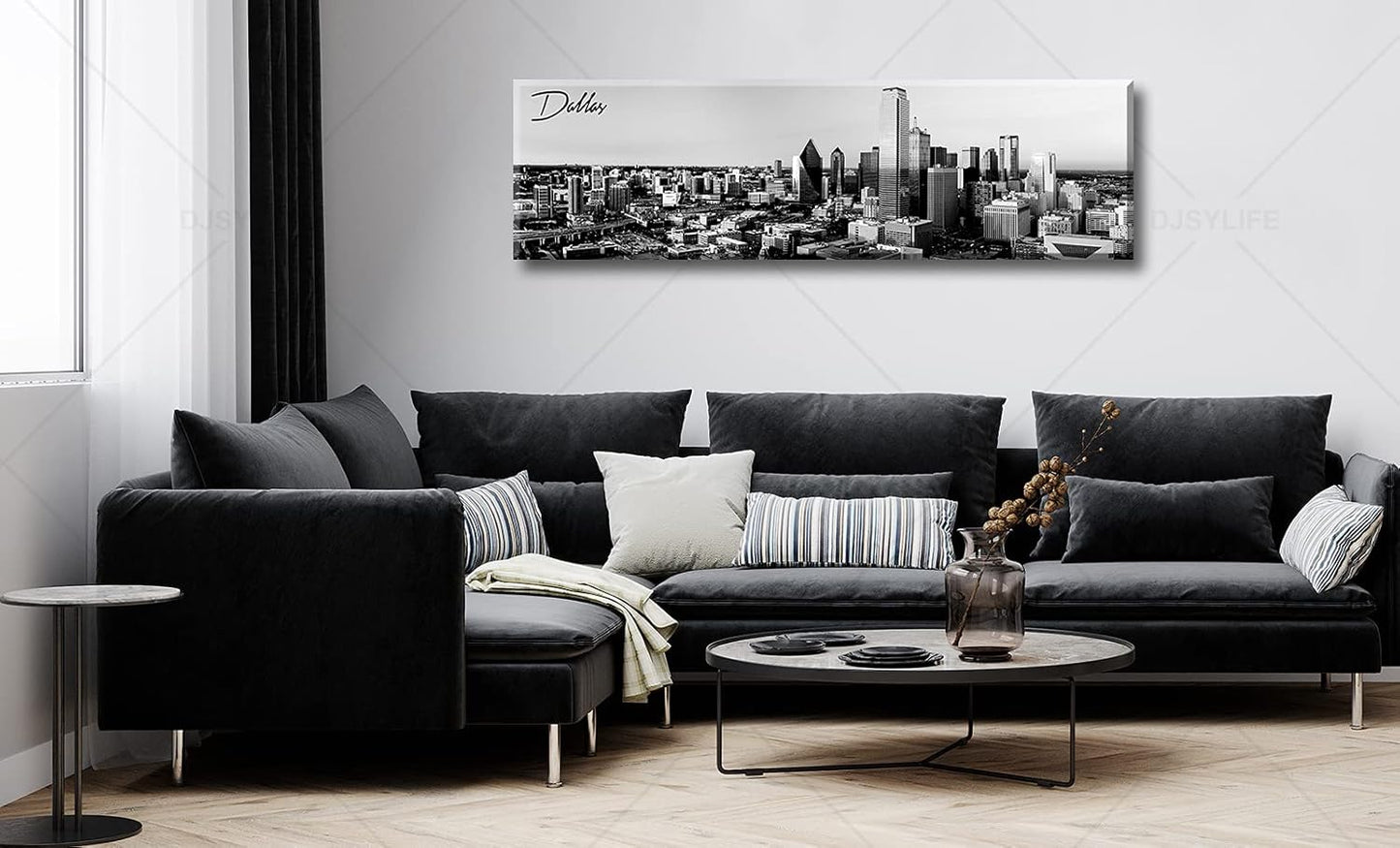 Black and White Wall Art Dallas Skyline Cityscape Skyscrapers Canvas Print Painting Landscape Texas City Buildings Pictures Modern Artwork for Man Room Office Living Room Decoration 13.8"x47.3"