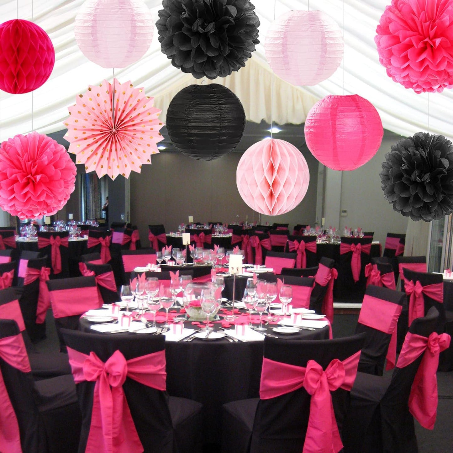 Hot-Pink Black Birthday Party-Decorations Streamers Lanterns - 14pcs Baby Girl Paper Honeycomb Fan,Tissue Pom Poms, Graduation Engagement Bachelorette Backdrop Decor Ouruola