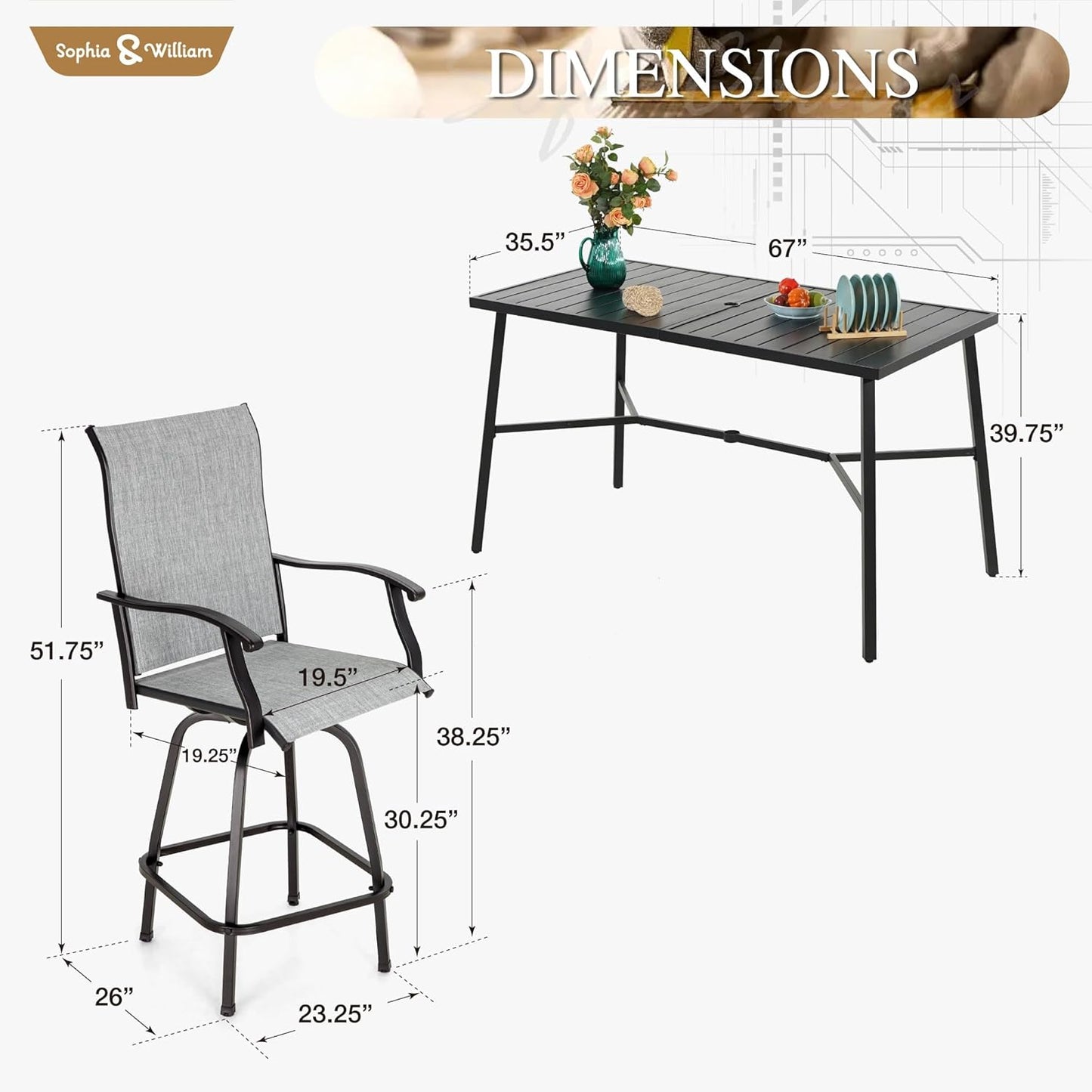 Sophia & William Outdoor Bar Set, Patio Bar Table and Chairs Set Patio Dining Set, Bar Height Patio Set - 6 x Swivel Bar Chairs(Grey), 1 x Rectangular Bar Table(Black)