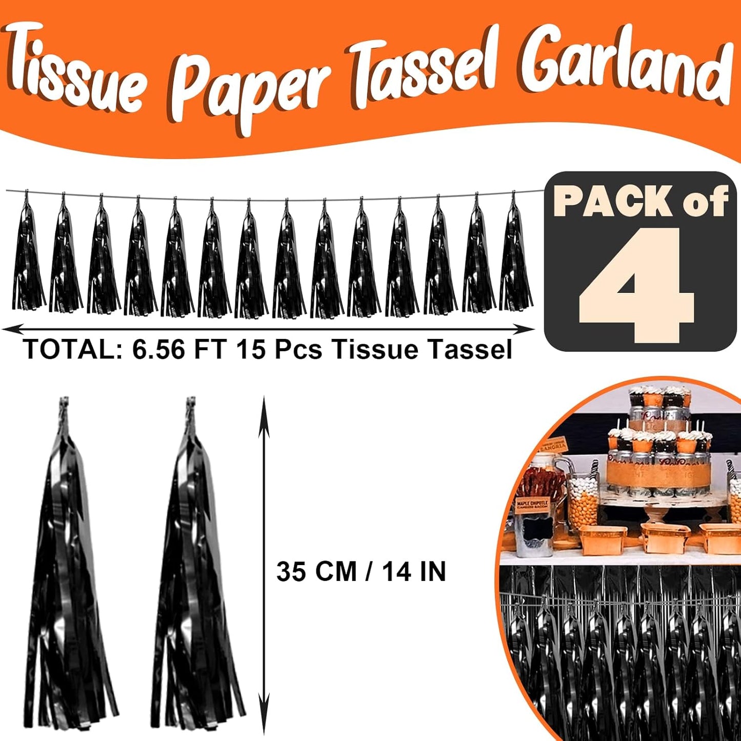 4P Black Foil Fringe Metallic Tassel Streamers Banner Tassel Garland for Parade Floats, Bachelorette, Wedding, Birthday, Halloween, Christmas, Bridal/Baby Shower Party Decorations