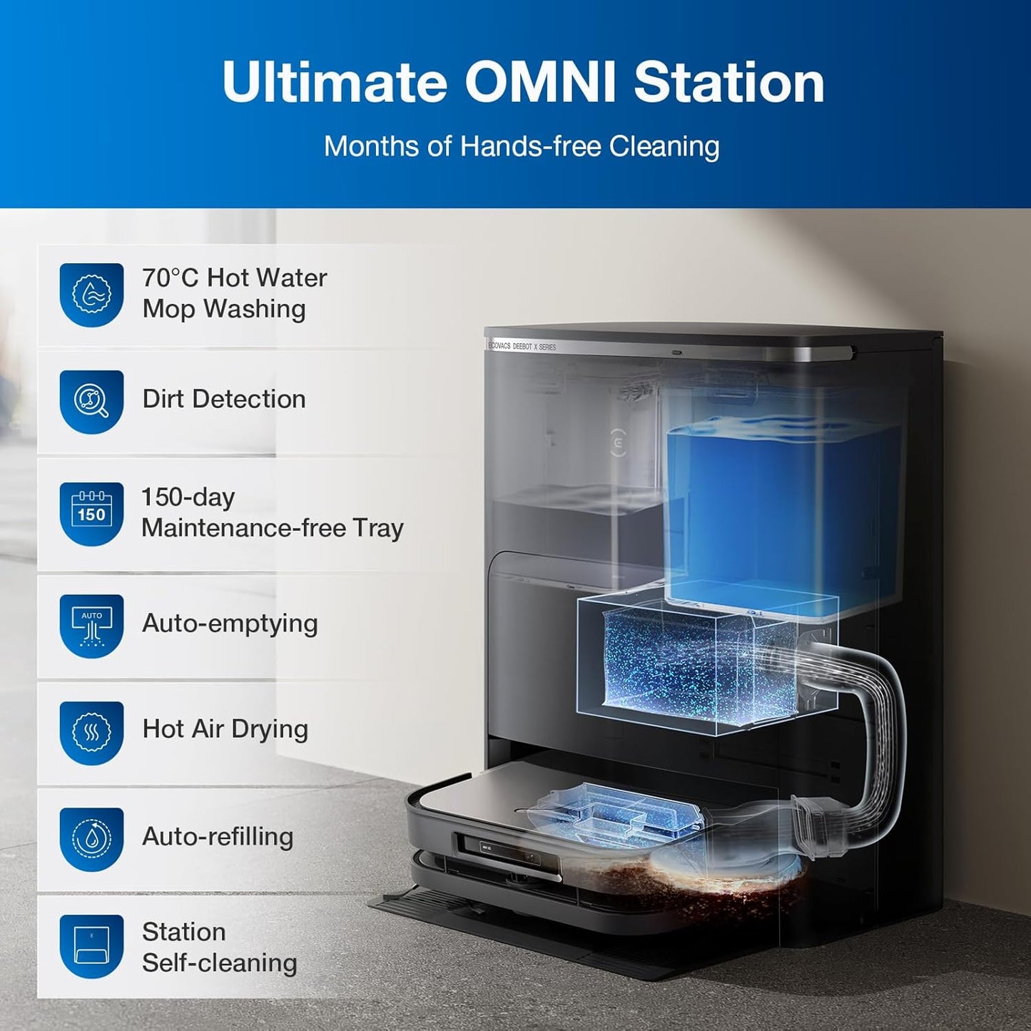 ECOVACS Robot Vacuum Cleaner DEEBOT X5 PRO Omni with All-in-one Station, 12.800Pa, ZeroTangle, TruEdge Adaptive Edge Mopping, 150℉ Hot Water Mop Washing, AINA 2.0 Intelligent Navigation