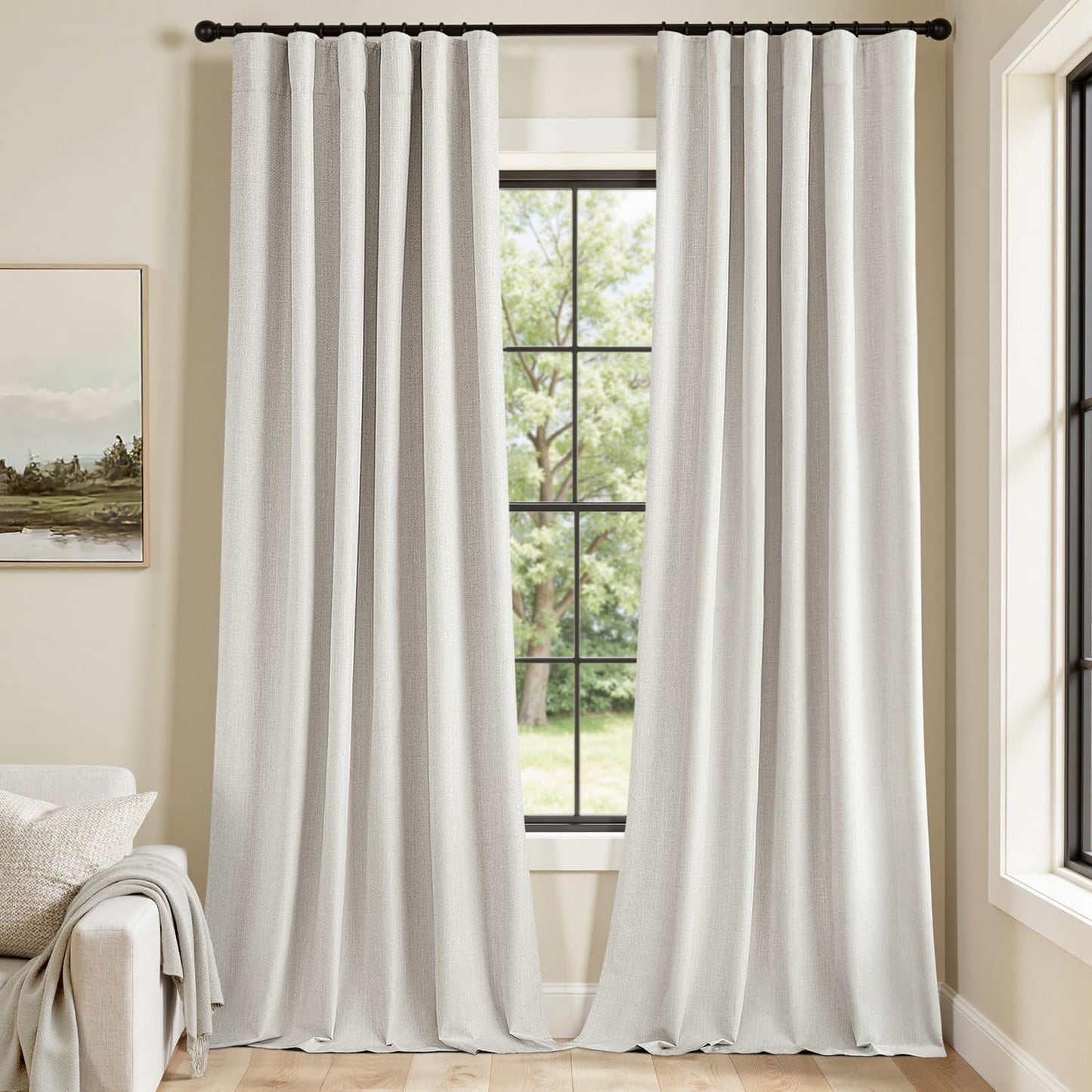 MIULEE 100% Blackout Curtains 90 Inch Long 2 Panels Set for Bedroom, Thick Faux Linen Black Out Curtain Room Darkening Back Tab Pleat Window Textured Drapes with Hooks for Living Room, Light Beige