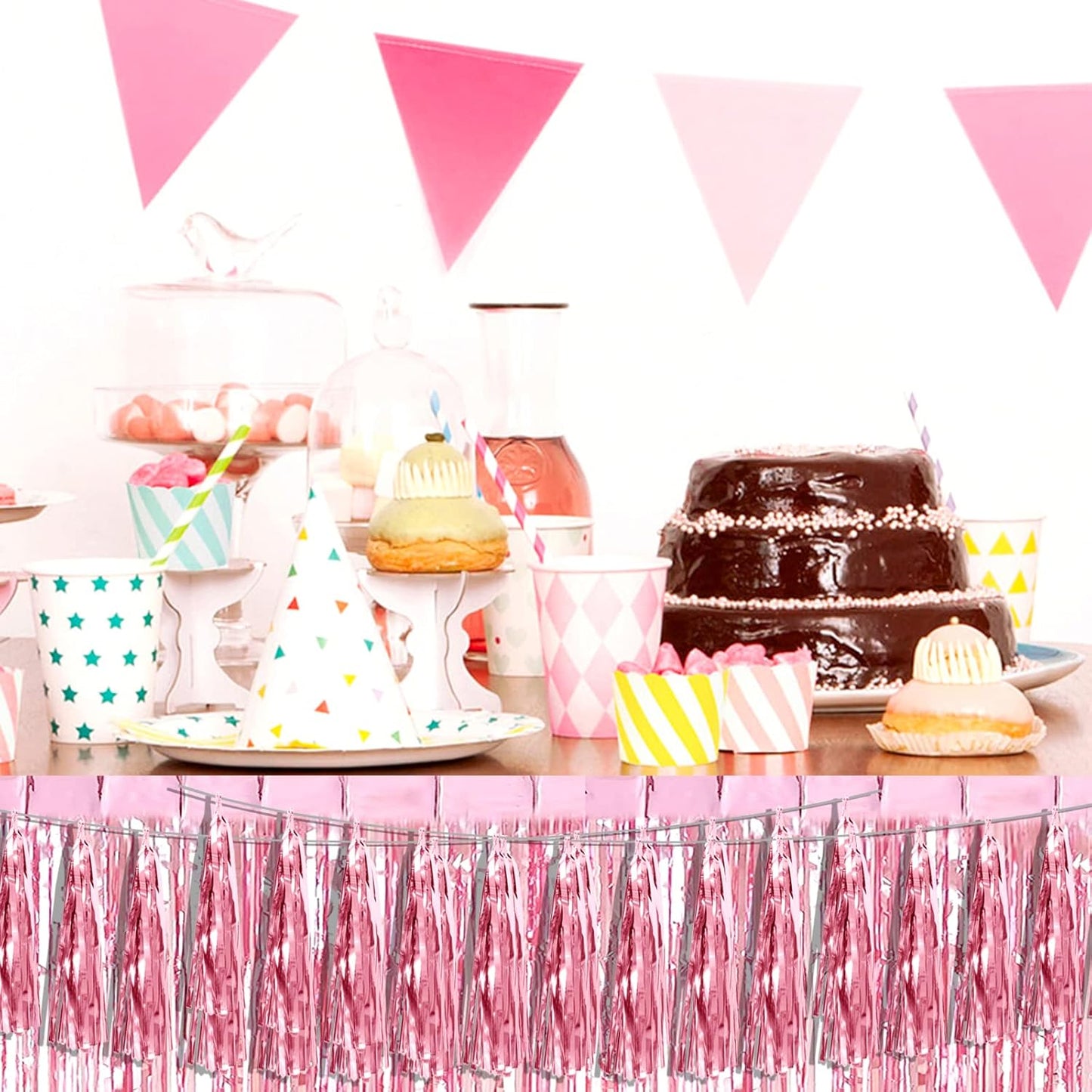 3P Light Pink Foil Fringe Metallic Tassel Streamers Banner Tassel Garland for Parade Floats, Bachelorette, Wedding, Birthday, Halloween, Christmas, Bridal/Baby Shower Party Decorations