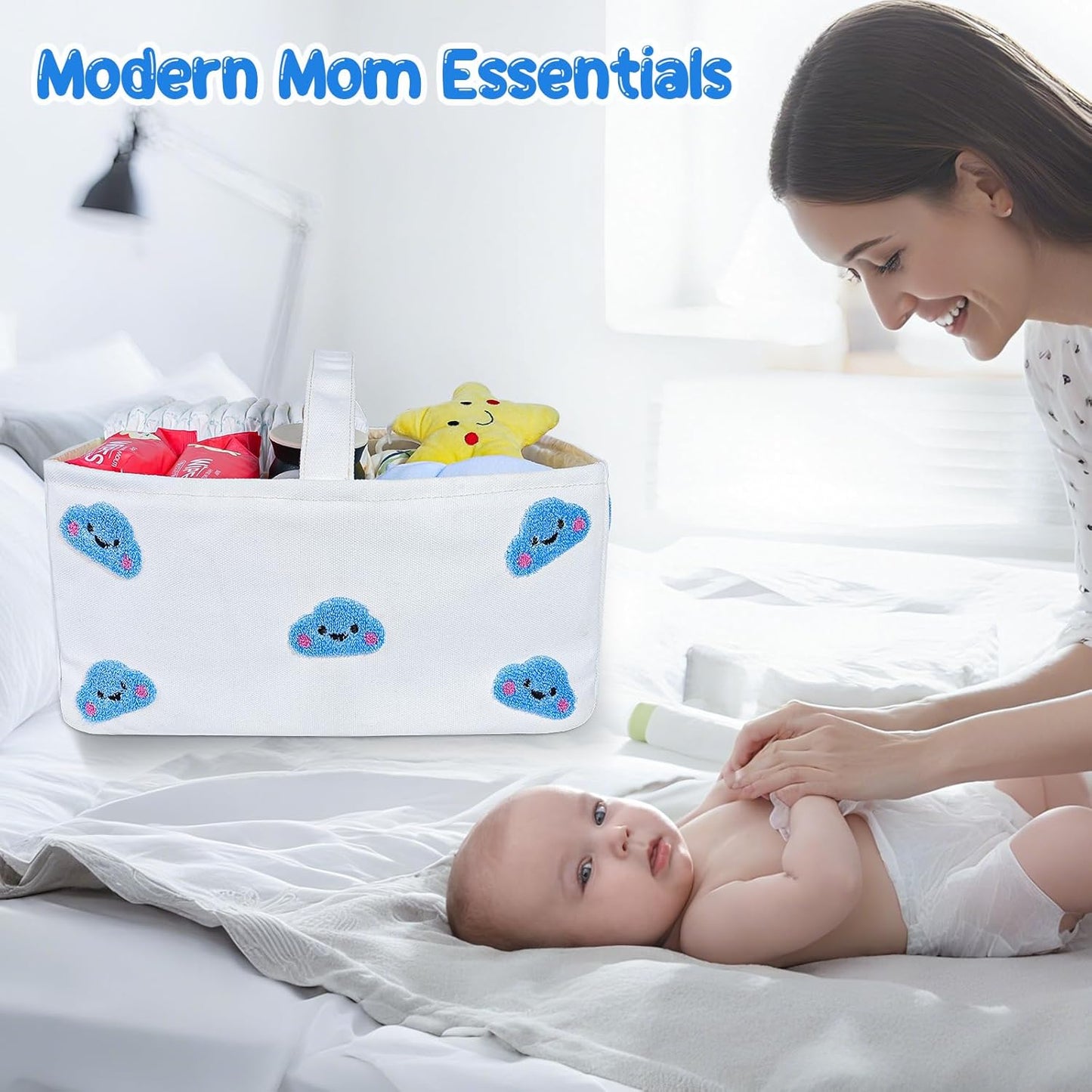Baby Diaper Caddy Organizer with Handle - Durable Canvas Storage Basket with Cloud Embroidery, Portable Nursery Organizer for Newborn Essentials, Diaper Travel Bag, Baby Shower Basket-Blue
