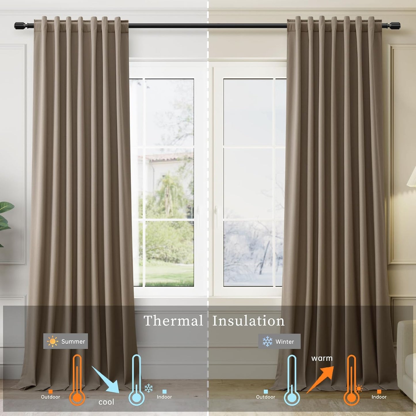 BOODII Blackout Curtains for Bedroom 80 Inch Length 2 Panels Set Room Darkening Linen Curtains Dark Brown Black Out Curtain Neutral Thermal Insulated Living Room Nursery Drapes Back Tab 52x80