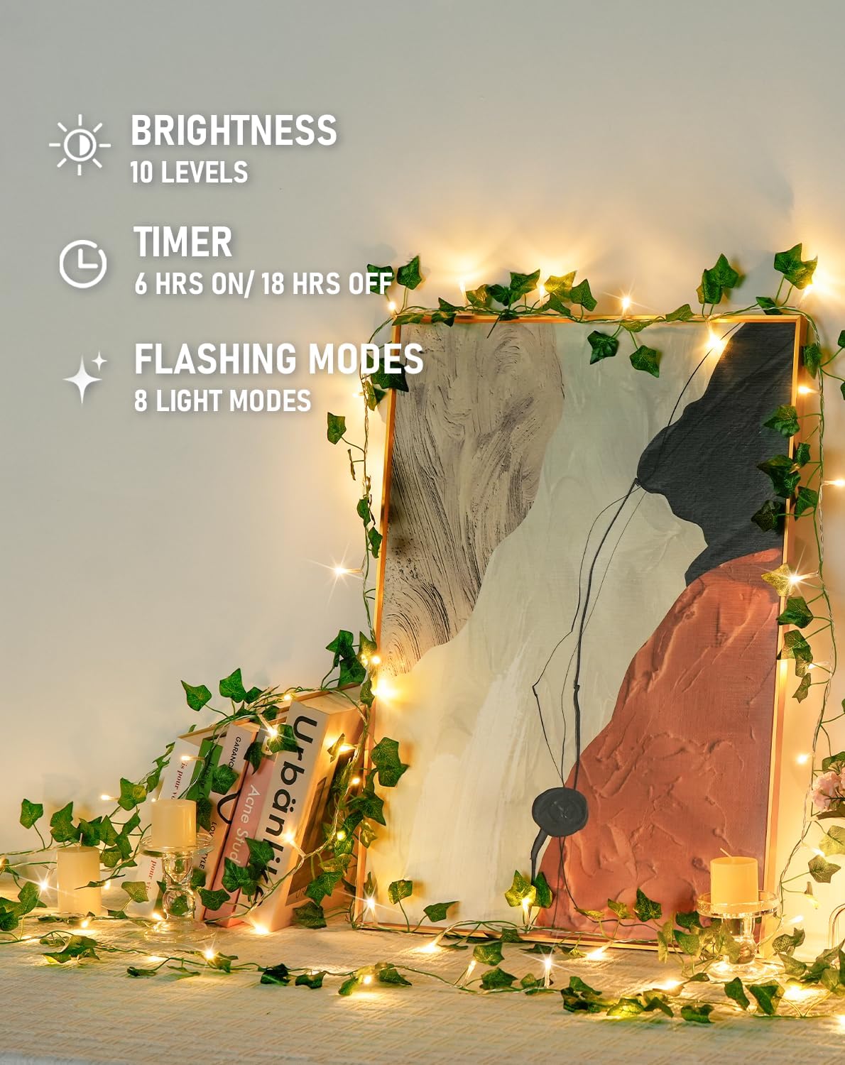 JMEXSUSS 100 LED Vines with Lights Plug in, Ivy Vines with Fairy Lights with Remote, 33 FT Leaf String Lights Waterproof for Room Bedroom Wall Fireplace Decoration(Warm White)