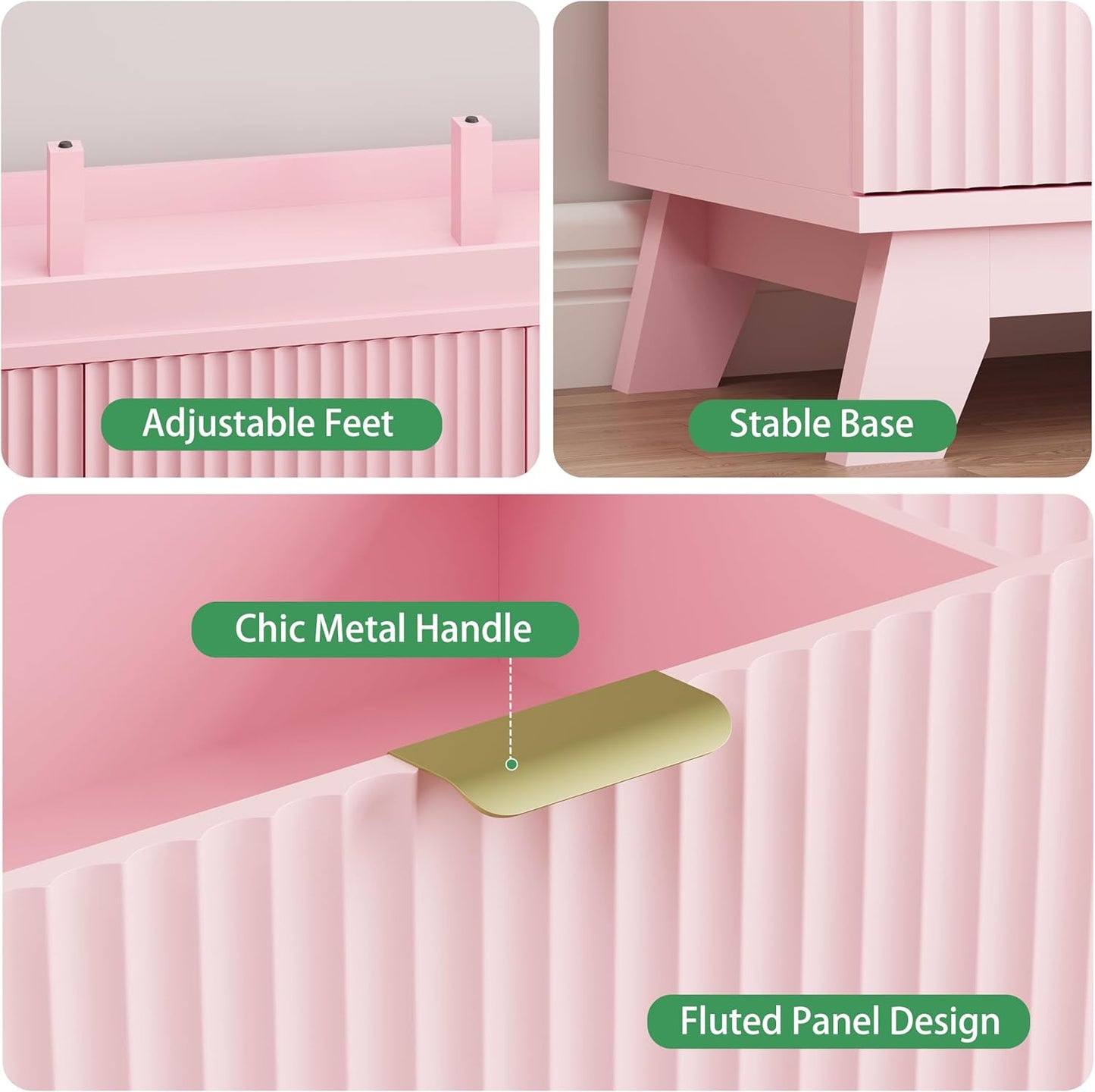 Fluted Dresser for Bedroom with 9 Drawers, 57" Wide Modern Chest of Drawers with Metal Handle, Wooden Dresser TV Stand, Wood Closet Clothes Storage Organizer for Living Room, Hallway, Pink