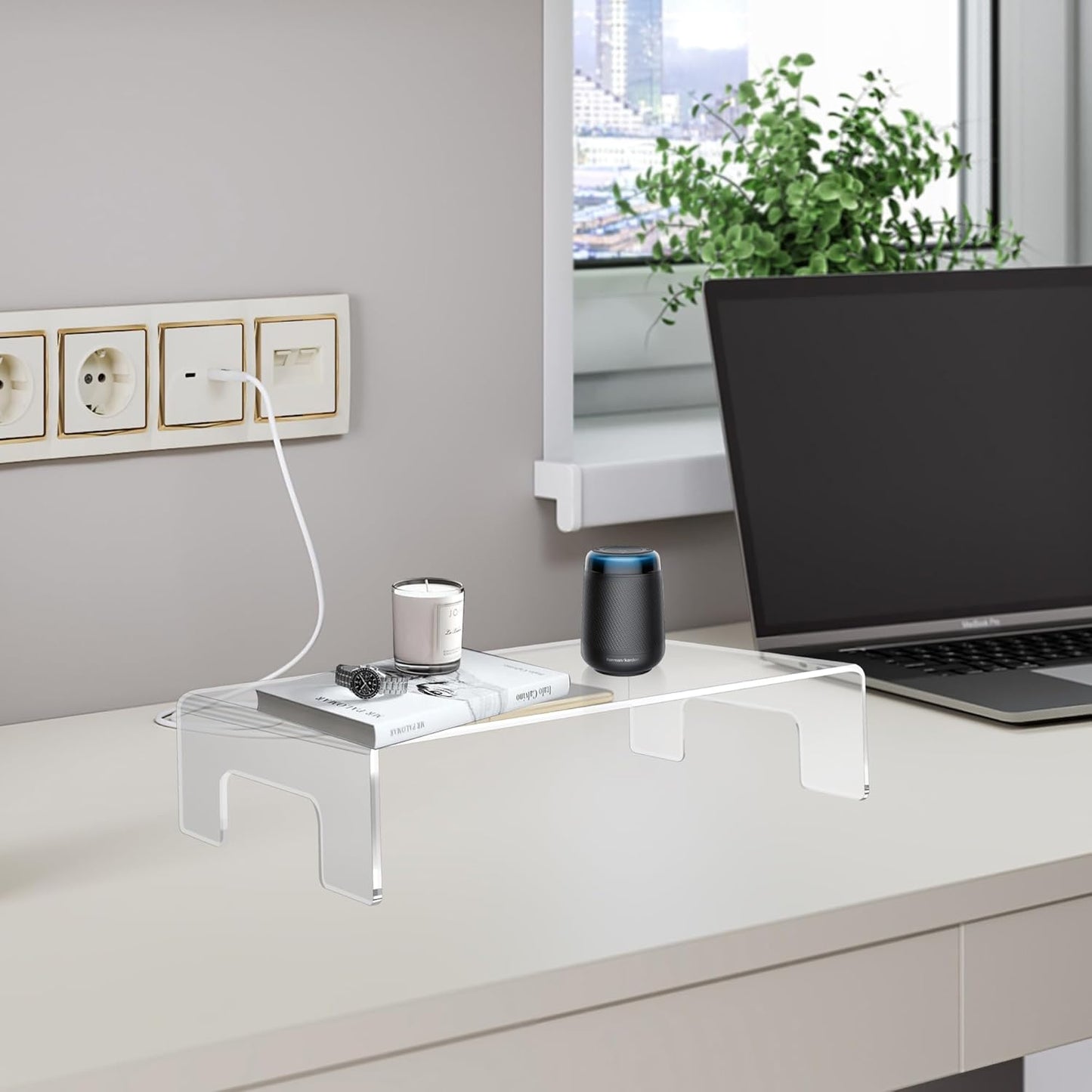 Jusalpha 6mm Thickness Clear Acrylic Display Riser with Tray Handles For Laptop, Notebook, Retail Display Food Display,12" x 8" x 3"