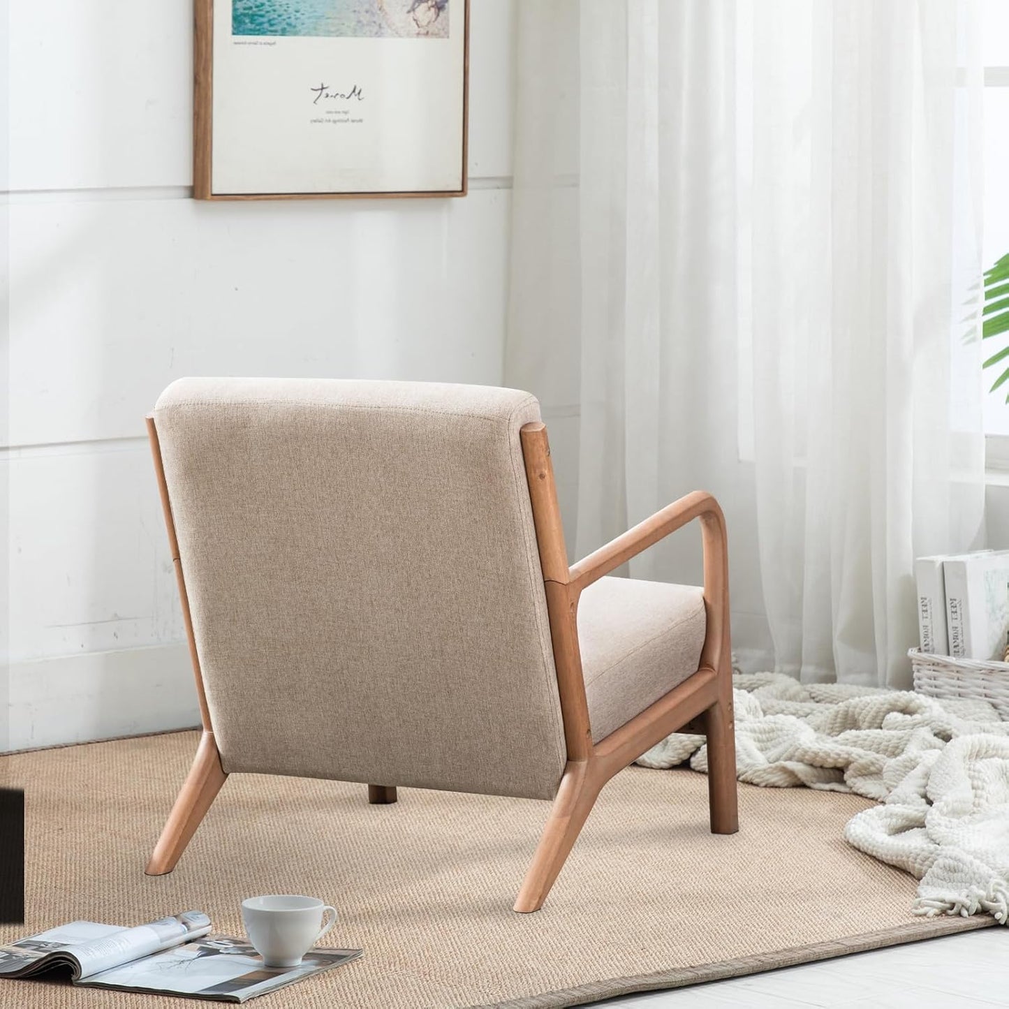 INZOY Mid Century Modern Accent Chair with Wood Frame, Upholstered Living Room Chairs with Waist Cushion, Reading Armchair for Bedroom Sunroom (Beige)