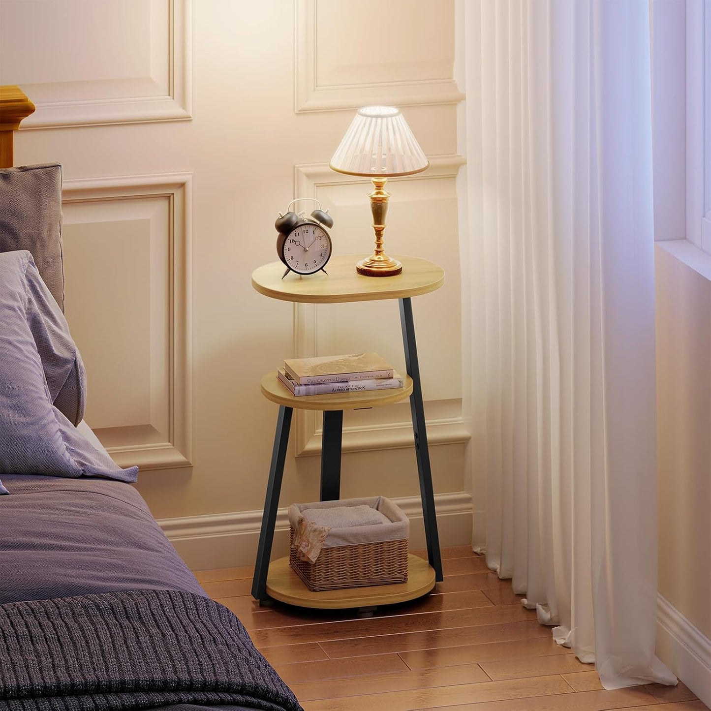 Side Table, Small End Table with Metal Frame, 3-Tier Bedside Tables, Round Side Tables for Living Room Bedroom Couch Bathroom, Oval, Modern Oak