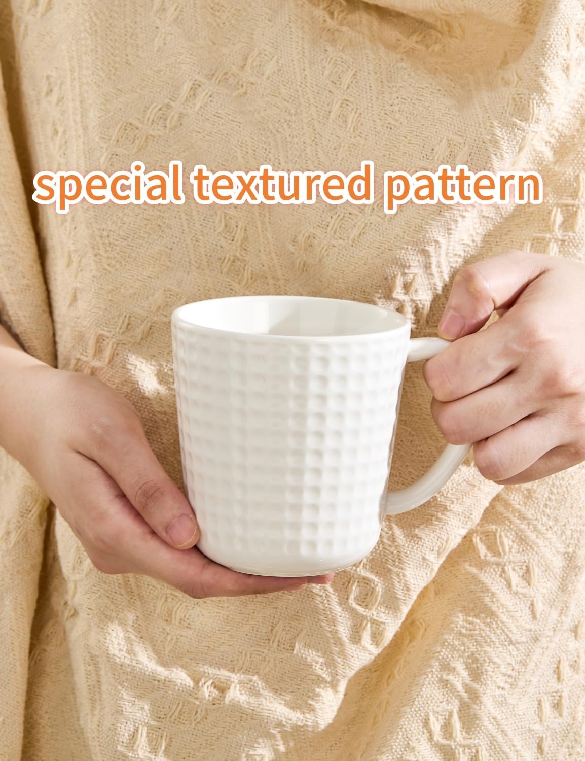 Ceramic Coffee Mugs 15 oz, Large Waffle Embossed Mug Set, Coffee Cups for Latte, Cappuccino, Cocoa, Hot Tea, Mocha, Milk, Housewarming Wedding Present, Microwave & Dishwasher Safe - Set of 6 (White)