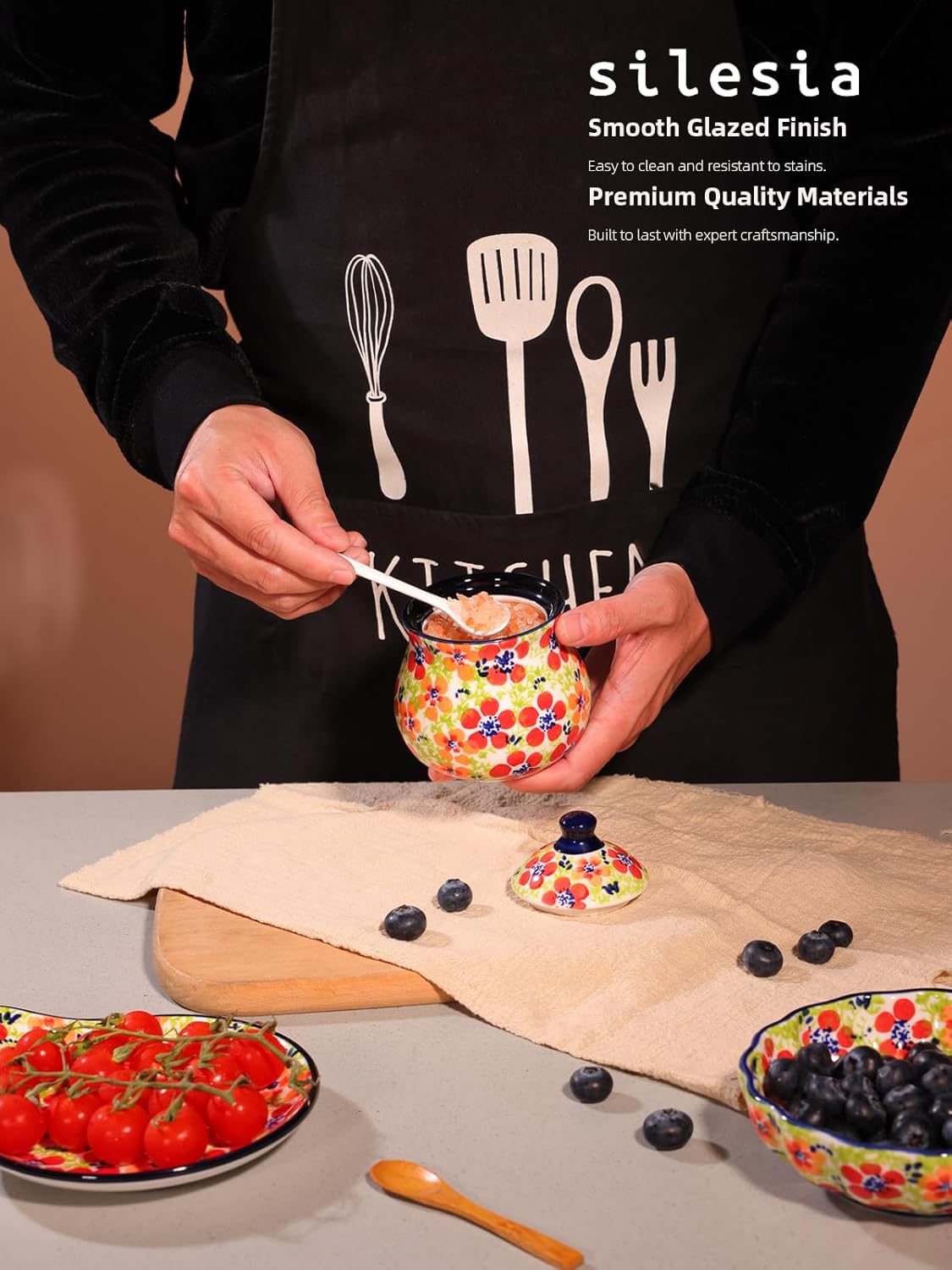 silesia Handmade Sugar Bowl with Lid and Spoon, 9 Ounce Ceramic Hand-Painted Sugar Jar for Home in Gift Box, Kitchen Decor, Oven, Dishwasher & Microwave Safe, Jungle Floral