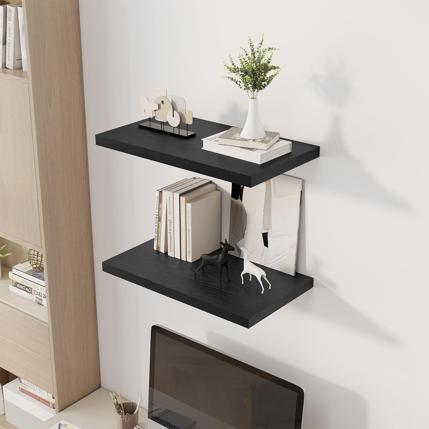 24" Floating Shelves for Wall, 12" Deep Slim Black Floating Shelves, Wall-Mounted Shelves for Bedroom, Living Room, Kitchen, Bathroom - Set of 2