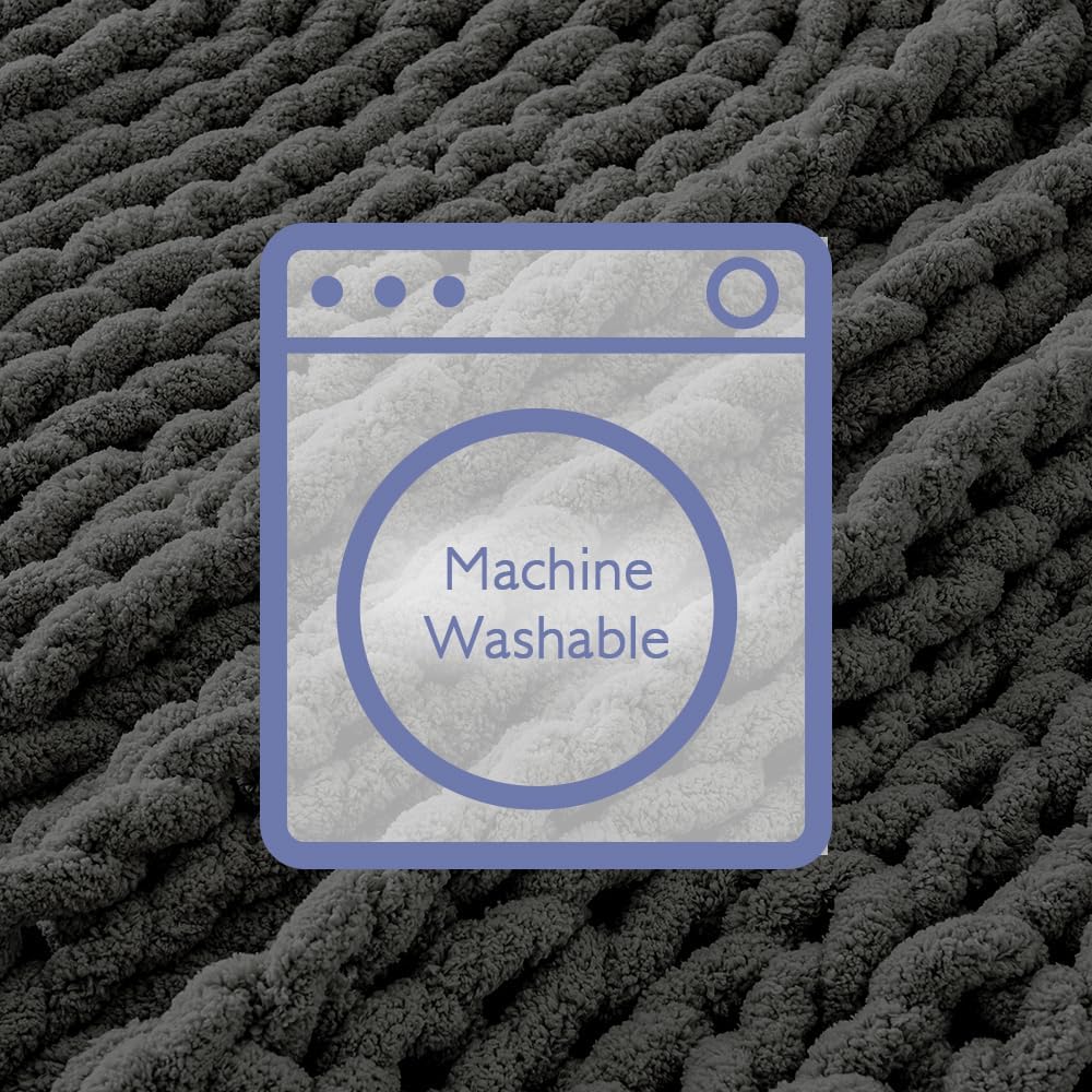 Bigacogo Chunky Knit Throw Blanket for Couch, 40x40 inches, 100% Hand Knitted with Thick Jumbo Chenille Yarn, Cozy Soft Large Rope Knot Cable Crochet Blankets for Sofa Bed Living Room, Dark Grey