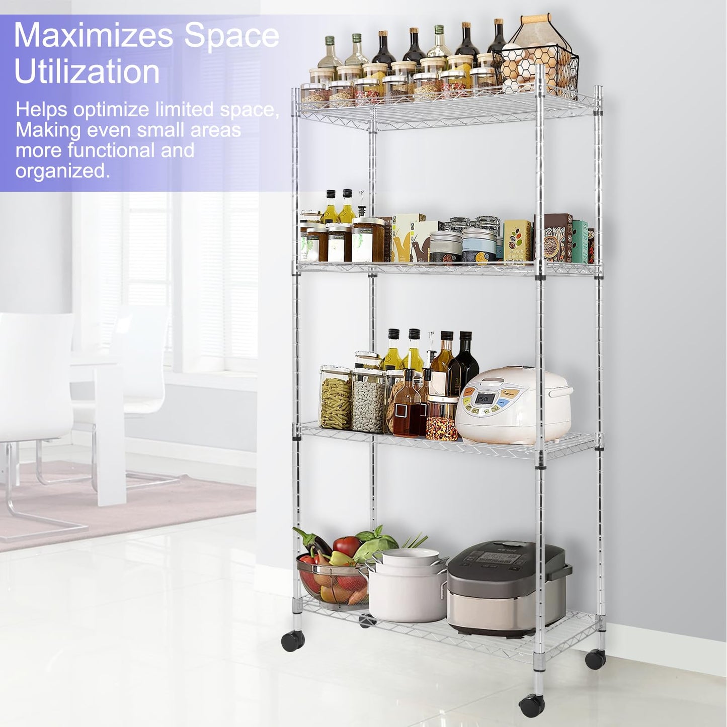 Whitmor 4 Tier Storage Shelves, Heavy Duty with Wheels, Adjustable Steel Organizer Wire Rack, 400