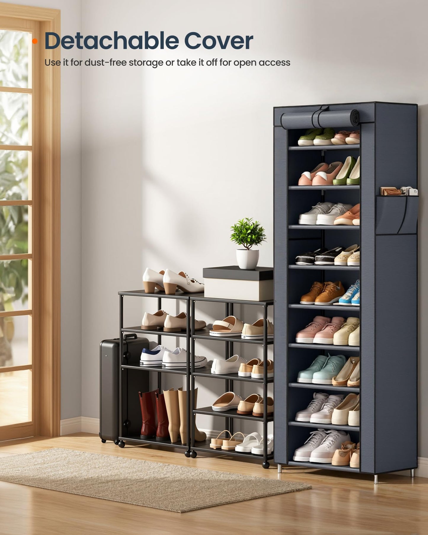 SONGMICS Home Shoe Rack 10-Tier, Tall Narrow Metal Shoe Organizer with Dust Cover, 11.2 x 19.1 x