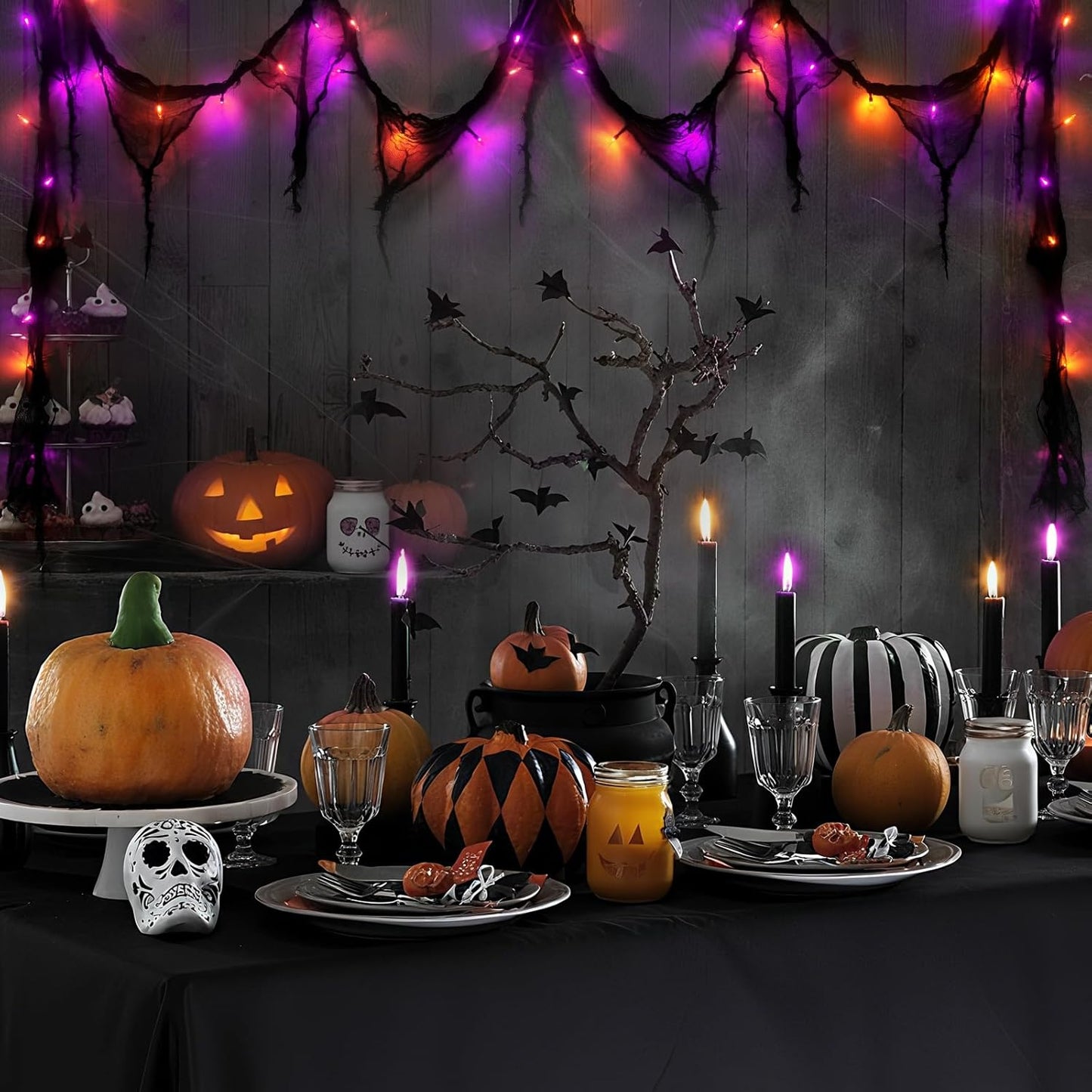 Halloween Horror Atmosphere Lights, Orange&Purple LED String Lights with 9.9FT Creepy Black Gauze, Battery Powered with Timer & 8 Flashing Modes (2 Pack Orange & Purple)