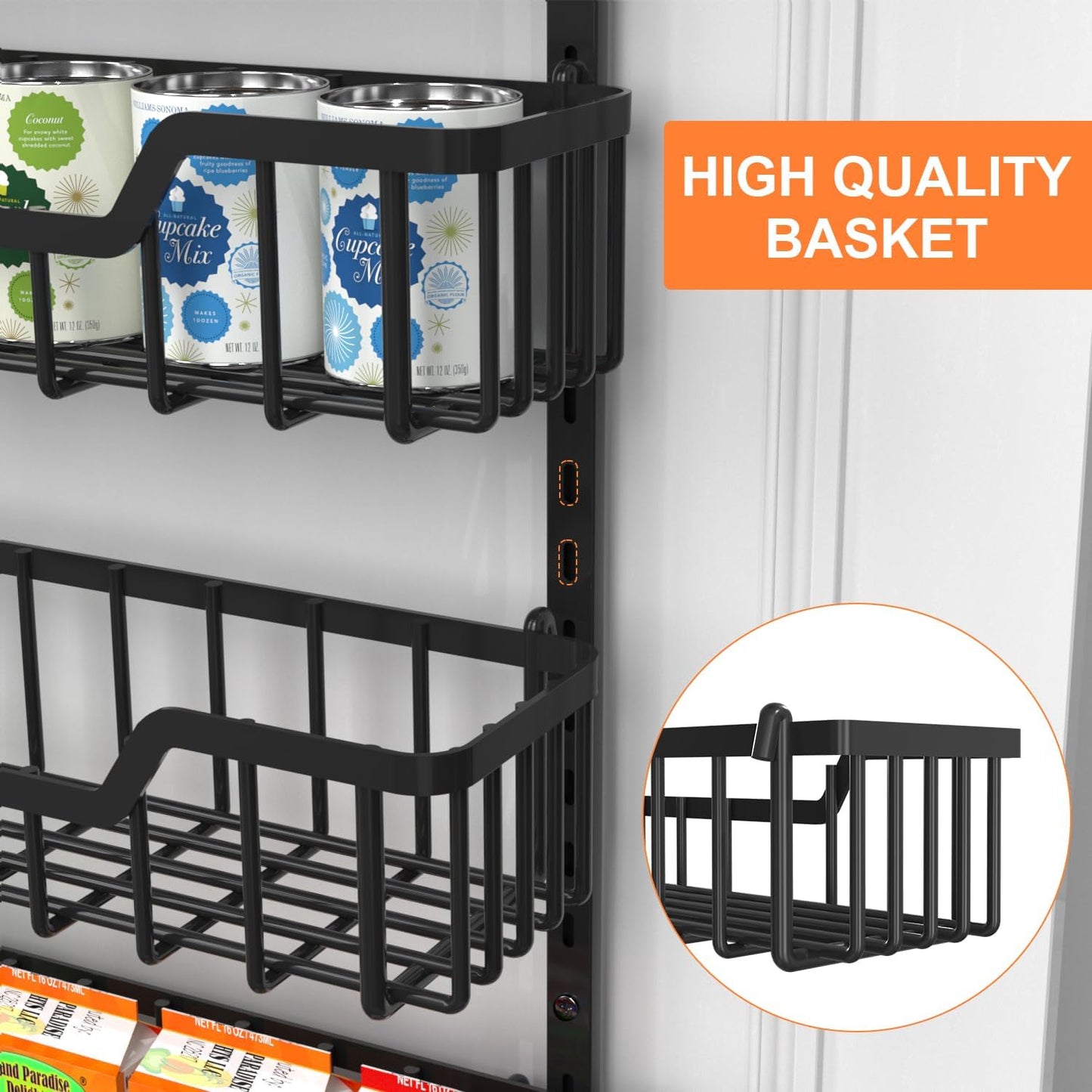 Over The Door Pantry Organizer, 8-Tier Pantry Door Organizer Shelves | 3 Sizes | Adjustable Basket | Metal Hanging Spice Rack for Kitchen, Pantry, Cabinet, Back of Door Seasoning Rack, Black