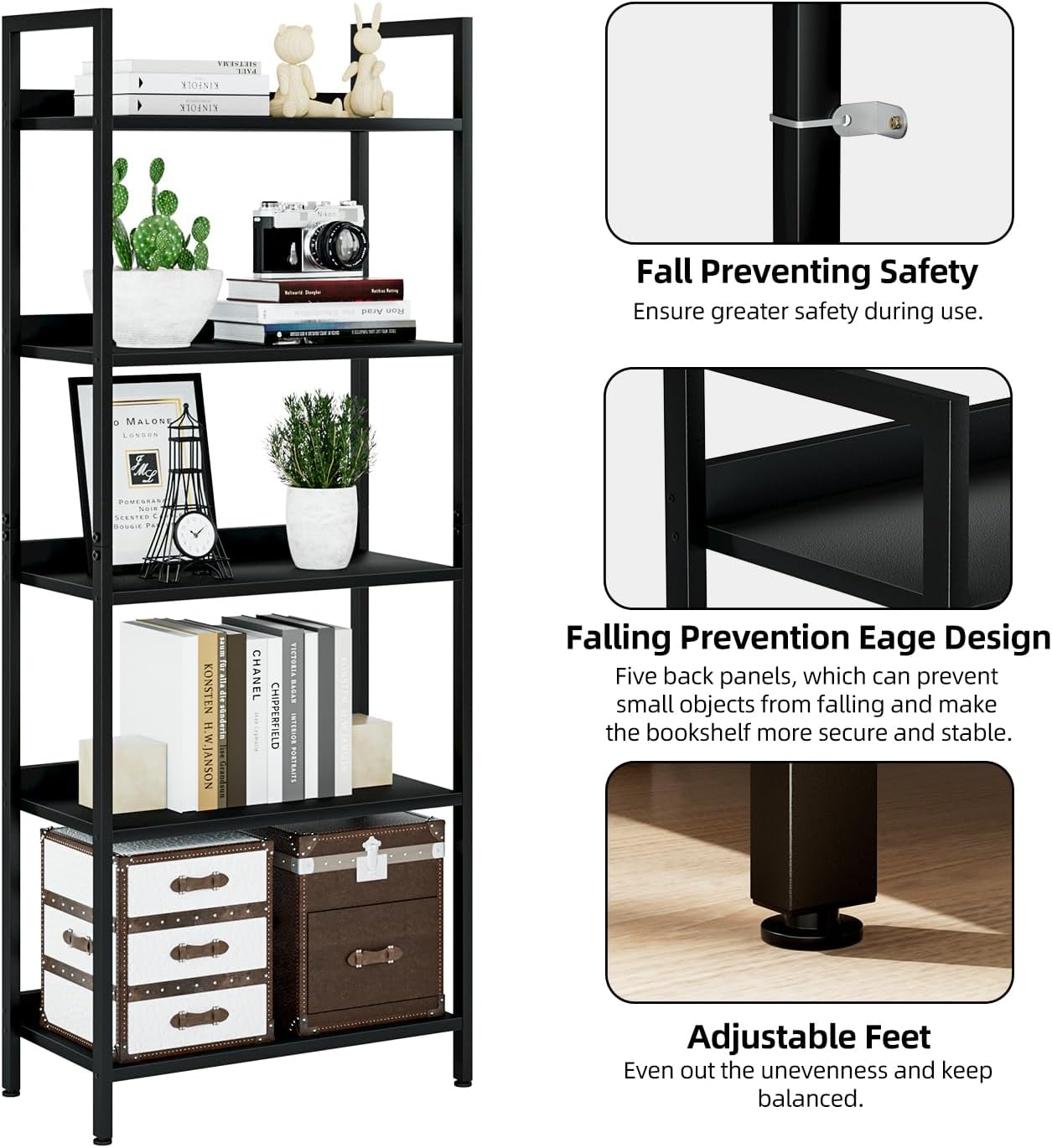 NUMENN Bookshelf, 5 Tier Bookshelves, Home Office Bookcase Shelf Storage Organizer, Free Standing Storage Shelving Unit for Bedroom, Living Room and Home Office, Black