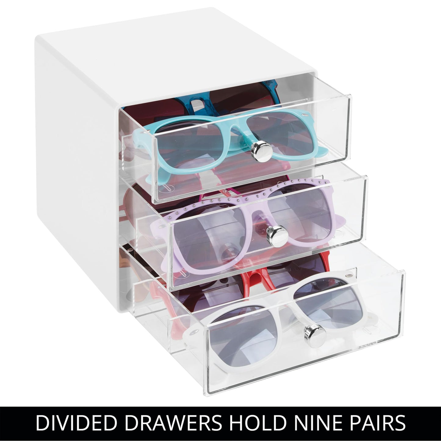 iDesign Divided 3-Drawer Stackable Organizer for Glasses, Sunglasses, and Readers - White/Clear