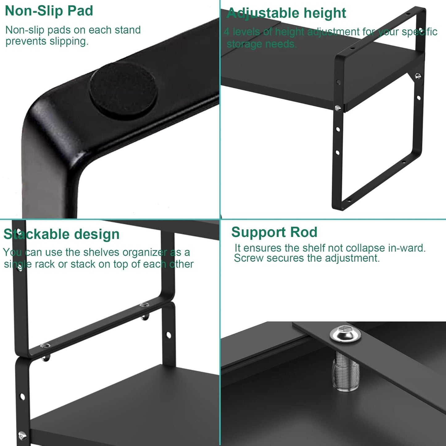 iPEGTOP Expandable Cabinet Storage Shelf Organizer Rack, Heavy Duty Steel Metal Spice Rack Adjustable Height Home Office Garage Pantry Shelves for Counter Kitchen Organization, Black, 2 Pack