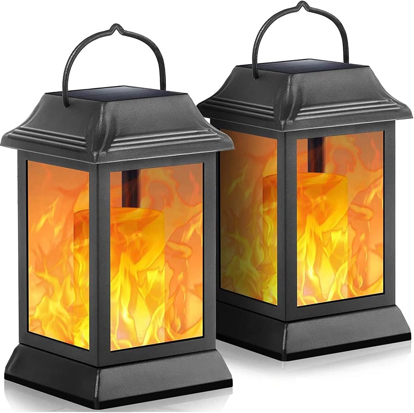 TomCare Solar Lights Metal Flickering Flame Solar Lantern Outdoor Hanging Lanterns Decorative Lighting Heavy Duty Solar Powered Waterproof Umbrella Lighting for Garden Yard Patio Deck, 2 Pack(Black)