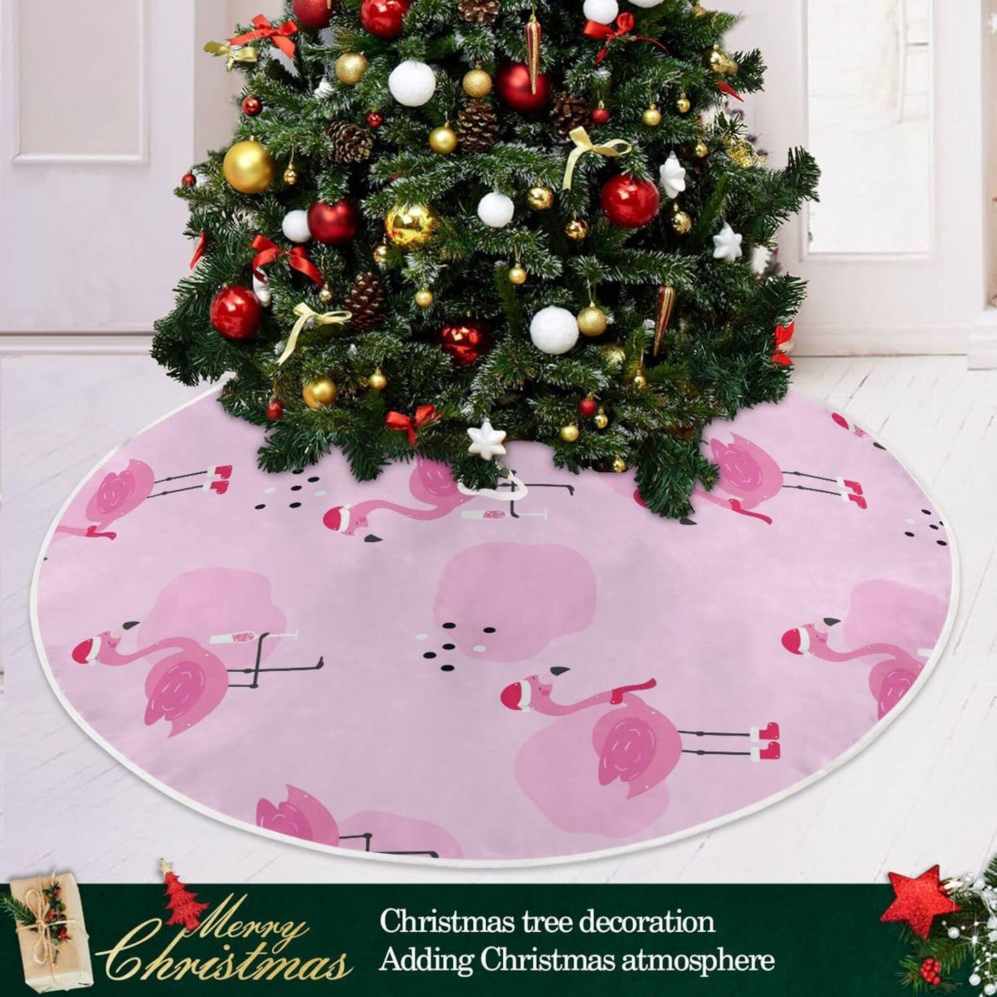 Christmas Flamingo Champagne Tree Skirt, Seasonal Tree Mat Holiday Party Supplies Ornaments Indoor Outdoor Decorations for Tabletop Trees 47.2 Inches