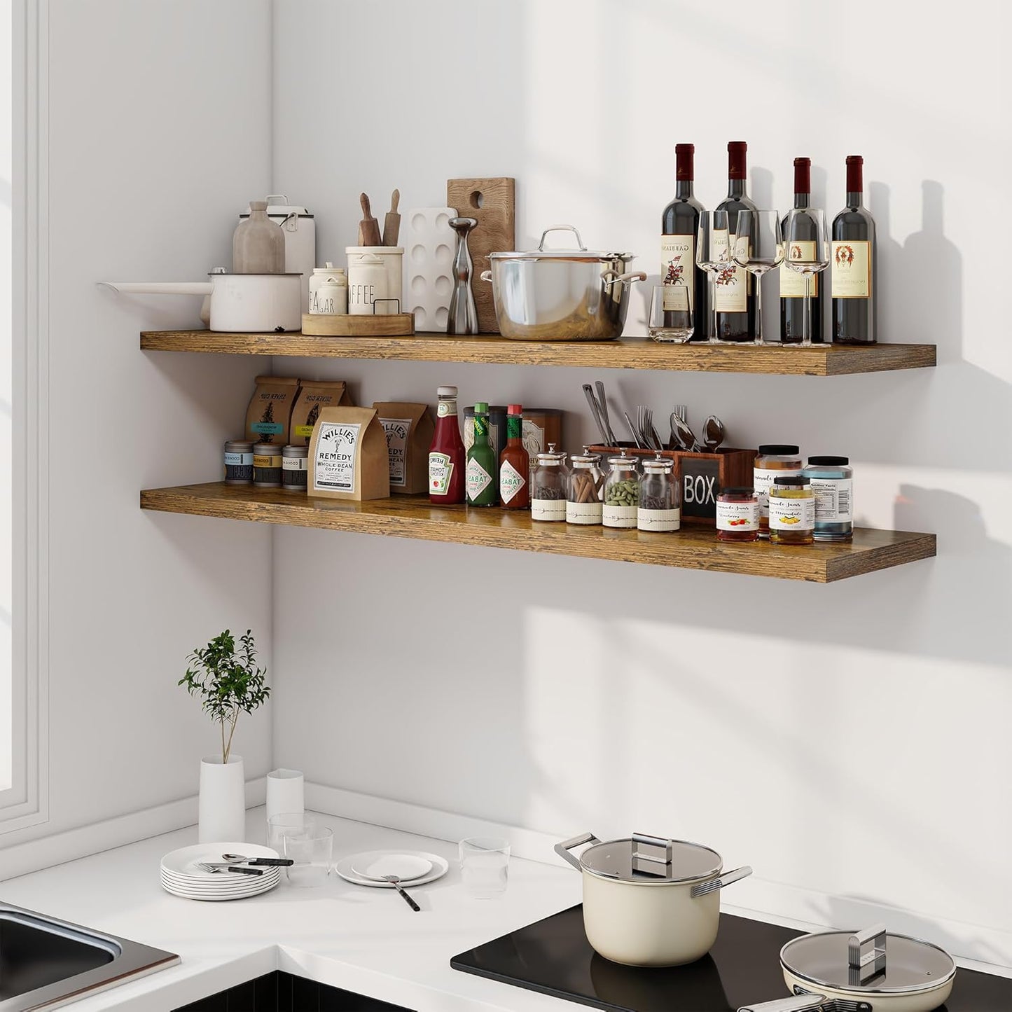 55" Floating Shelves for Wall, 12" Deep Slim Rustic Brown Floating Shelves, Wall-Mounted Shelves for Bedroom, Living Room, Kitchen, Bathroom - Set of 2