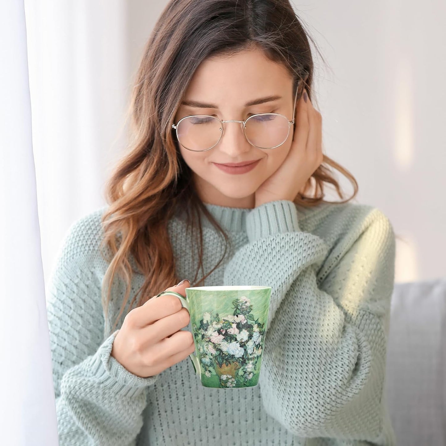 Coffee Mug Sets of 4, 12oz Bone China Porcelain Cups with Art Print Large Handle Dishwasher Microwave safe for Tea Cocoa or Hot Chocolate