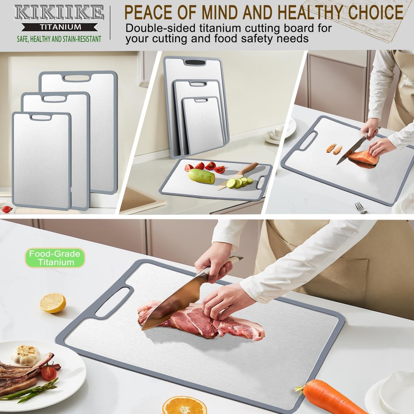 Titanium Cutting Board Double-sided non-slip silicone edging Pure Titanium Cutting Boards for Kitchen - Double-Sided Food-Grade Chopping Board Non-Stick Durable and easy to clean (Large)