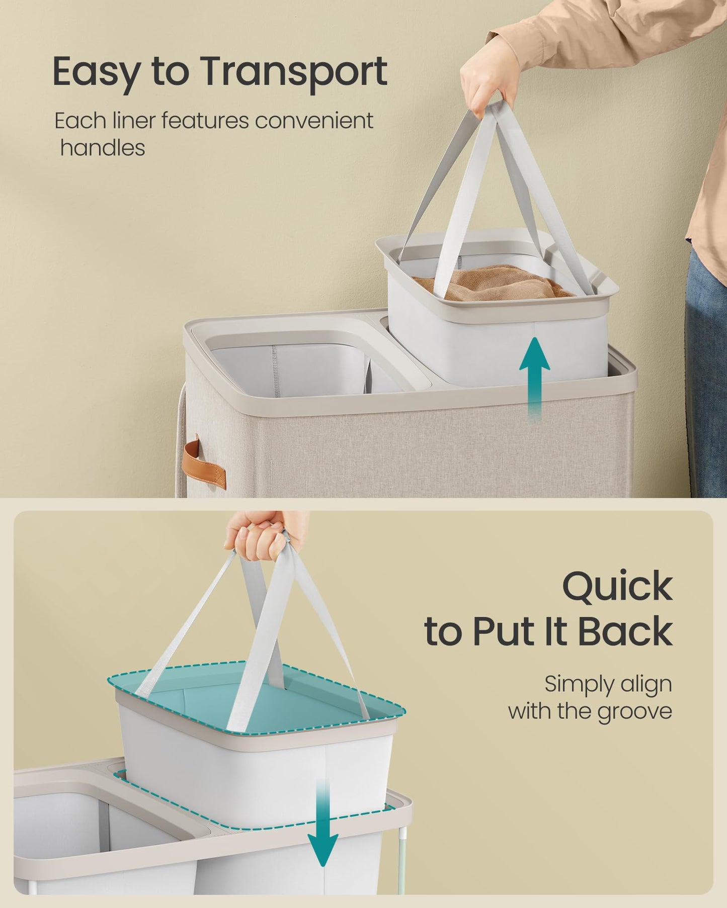 SONGMICS Laundry Basket, 44.9 Gal. Laundry Hamper, 2 Compartments, Easy Assembly, with Lid and