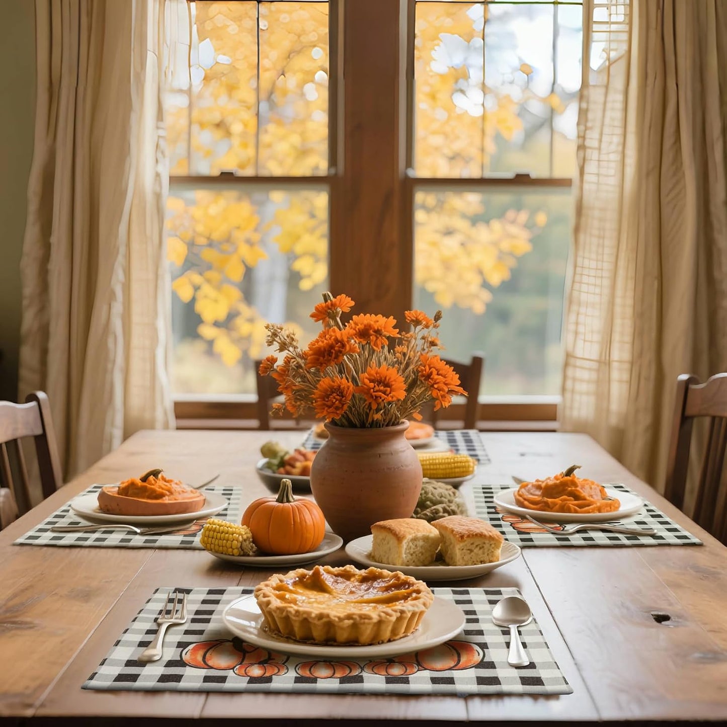MANSPHIL Gingham Pumpkin Placemats Set of 4 for Thanksgiving Fall Theme Decor - Farmhouse Cotton Faux Linen Table Place Mats for Dining Kitchen Washable - 13x19 Inch