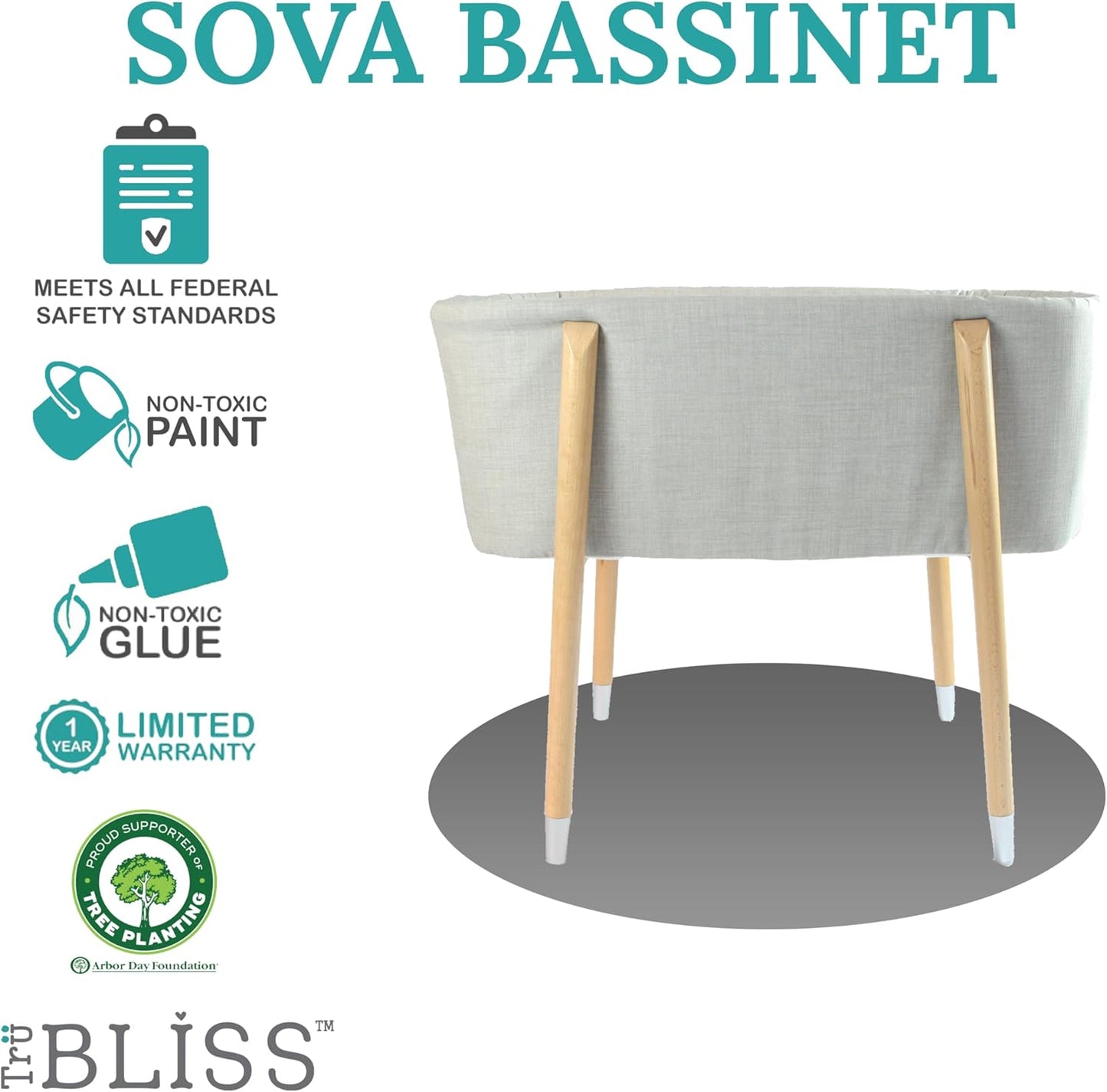 Sova Portable Baby Bassinet, Mid-Century Design with Extra Deep Walls for Newborns and Babies Safety, Includes 2 Fitted Sheets and Padded Mattress (Glacier Grey)