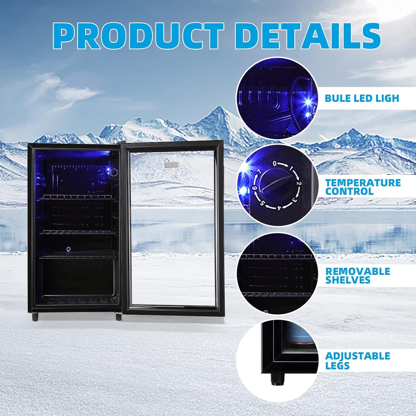 WANAI Mini Fridge Cooler 125Cans Beverage Refrigerator Glass Door Beverage Cooler for Beers Wine Juicer Adjustable Shelves LED Lights for Home, Office or Bar