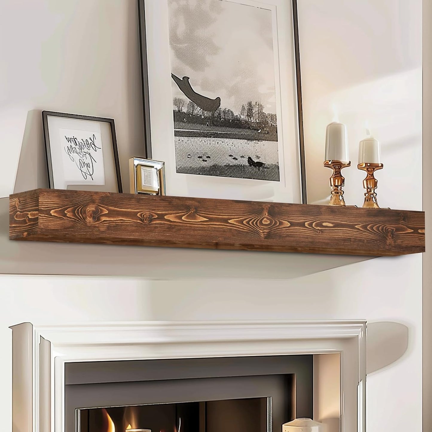 60x8x5 Fireplace Mantel - Handcrafted Hollow Rustic Solid Wood Wall Mounted Floating Shelf with Invisible Heavy Duty Wood Bracket (Weathered Brown)