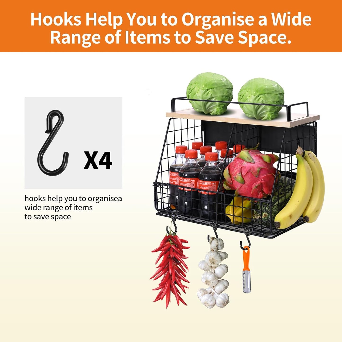 Large Magnetic Shelf for Fridge, Fruit and Vegetable Storage Wire Basket, Potato And Onion Storage Bin for Kitchen Organizers, Magnetic Spice Rack for Refrigerator, Kitchen Counter, RV and Laundry