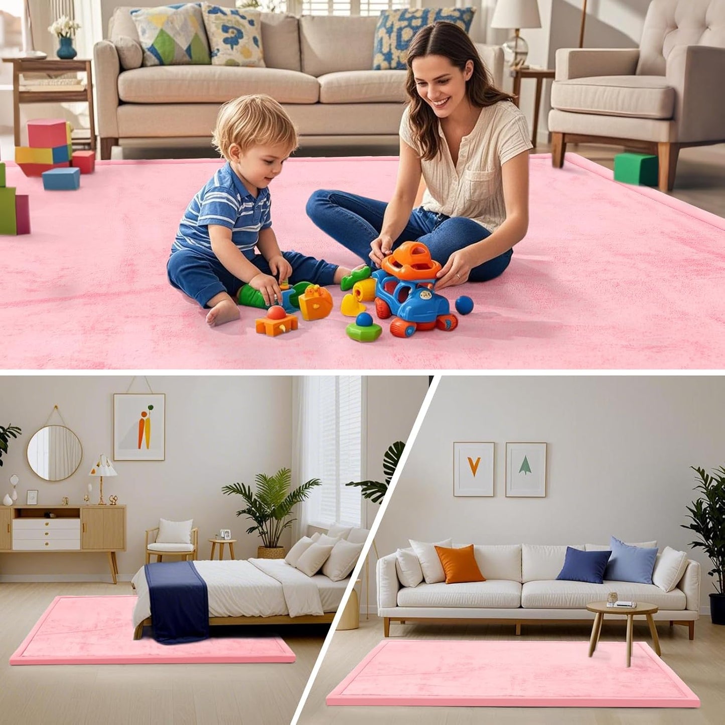 ACOMOPACK Baby Play Mat for Floor,1.3" Thick Memory Foam Area Rug for Living Room,Soft Velvet Crawling with Non-Slip Bottom for Kid,Toddler,71"×79" Tummy Time Nursery Rugs,Yoga(Pink)