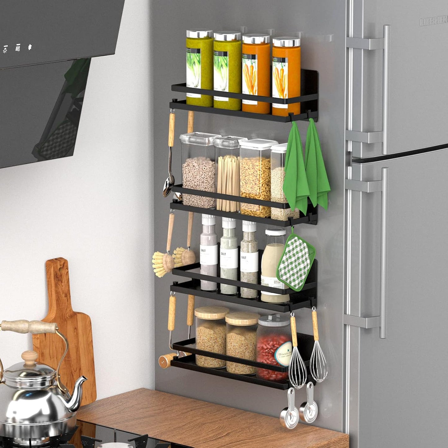 Magnetic Spice Rack for Refrigerator,Magnetic Shelf Fridge Organizer for Kitchen, Spice Rack Space Saver Container for Kitchen/Apartment, Drill Free, Black 6 Pack